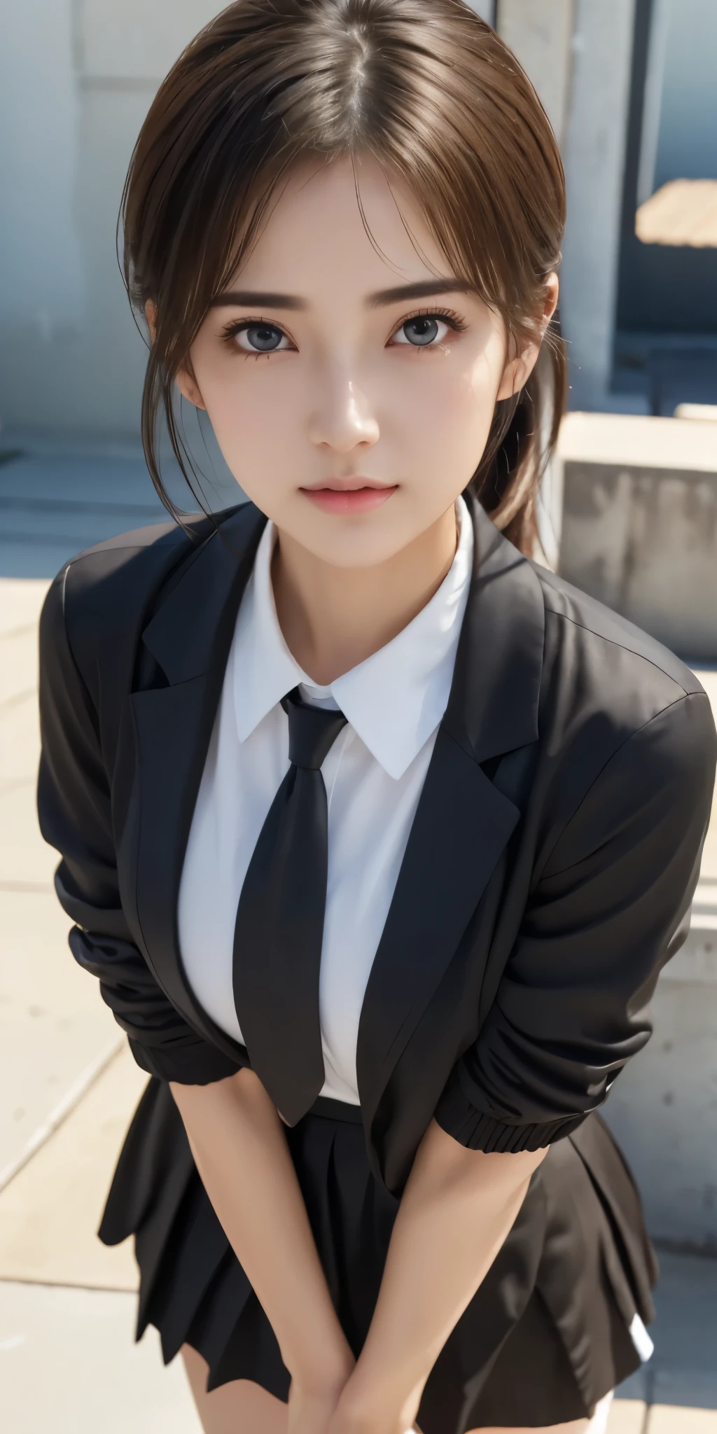 ((Beauty like a model)), ​masterpiece, The highest image quality, ultra-detailliert, (perfectbody:1.5), (Perfect face+dishevled hair+Semi-long chignon hair), Close up of, Viewer's Perspective, She bent and lowered her body to match the gaze of the audience。detailed hairs、Detailed eyes(realisticeyes),profetional lighting,middlebreast,(Brown eyes),Tight black suit,white  shirt,((dark brown hair)),slenderbody,adult lady,About 28 years old,glamor,kindly smile,Half Girl,