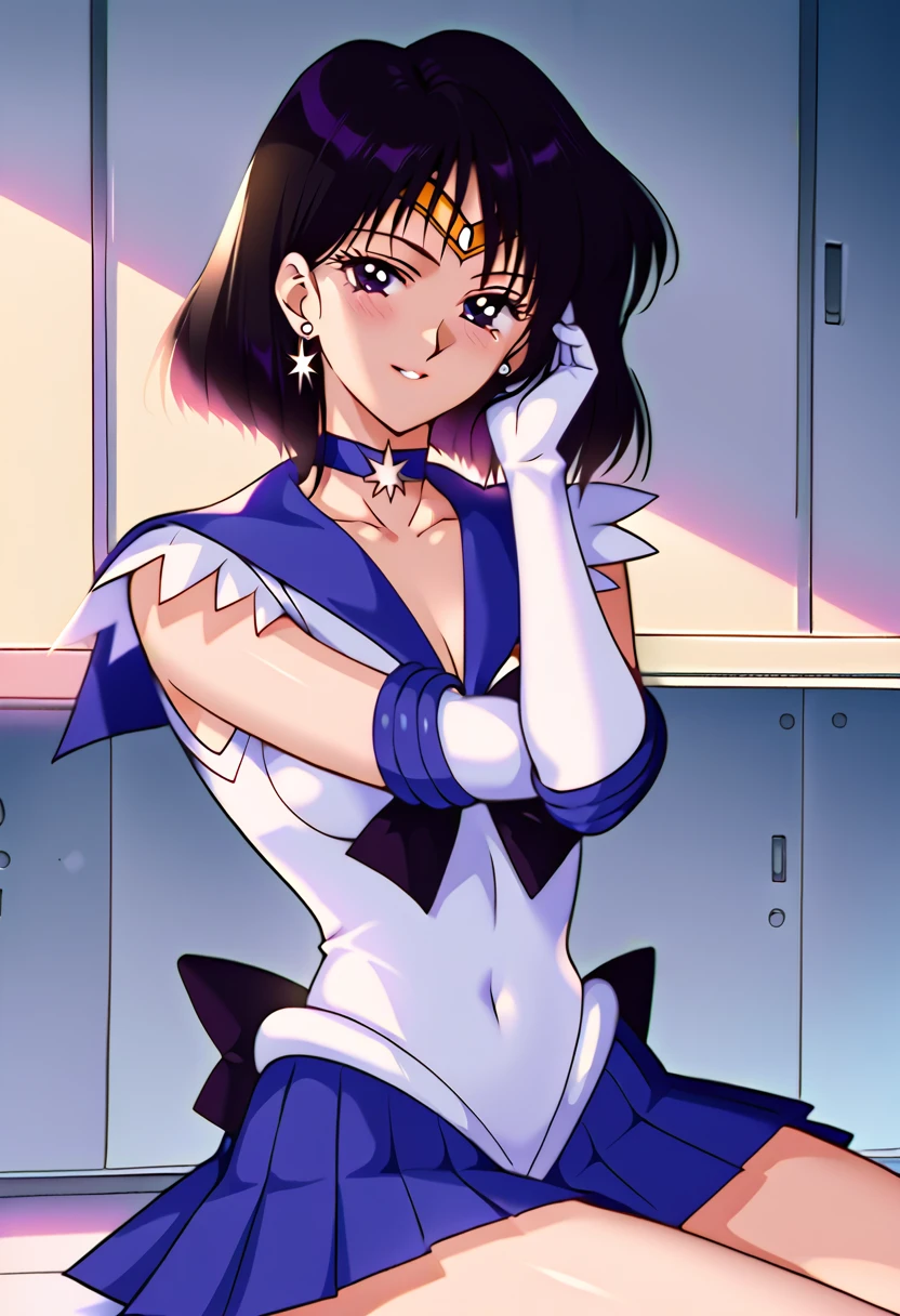 score_9, score_8_up, score_7_up, hotaru tomoe, short hair, black hair, black eyes,, skirt, gloves, bow, jewelry, pleated skirt, earrings, choker, elbow gloves, white gloves, sailor collar, star (symbol), magical girl, tiara, brooch, purple skirt, back bow, sailor senshi uniform, star choker, purple sailor collar, star brooch, sailor saturn, indoors, smile, looking at viewer, solo, sitting, head rest,, cowboy shot, dutch angle