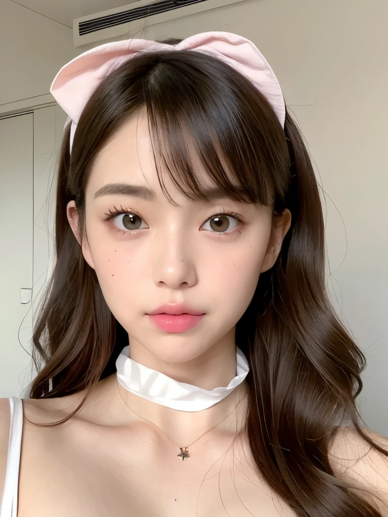 Kim Jennie with white brown hair, with curlers at the ends, with two bows on each side of the hair, all her white hair brown, with a star clip in her white brown hair, light colored eyes, beautiful eyes, crying eyes, beautiful, splash your nose, watery nose, beautifuls labios, pink lips, heart and cupid shaped lip, beautiful skin, pale, White skin, with moles and freckles all over his face, soft pink blush on cheeks, natural pink blush, soft pink makeup, Jennie, Nice neck, marked collar, frown, tender look, with a kiss necklace, a beautiful kiss necklace, similar a Yumeko Jabami, while using a short cane with the top raised, while the pole is up, With shorts, while having a bare abdomen, showing her navel and her slender waist, Delgado, marked and beautiful, (big breasts, soft breasts, beautifuls pechos), while she cosplays the character Yumeko Jabami, The anime Kakegurui.., looking to the camera