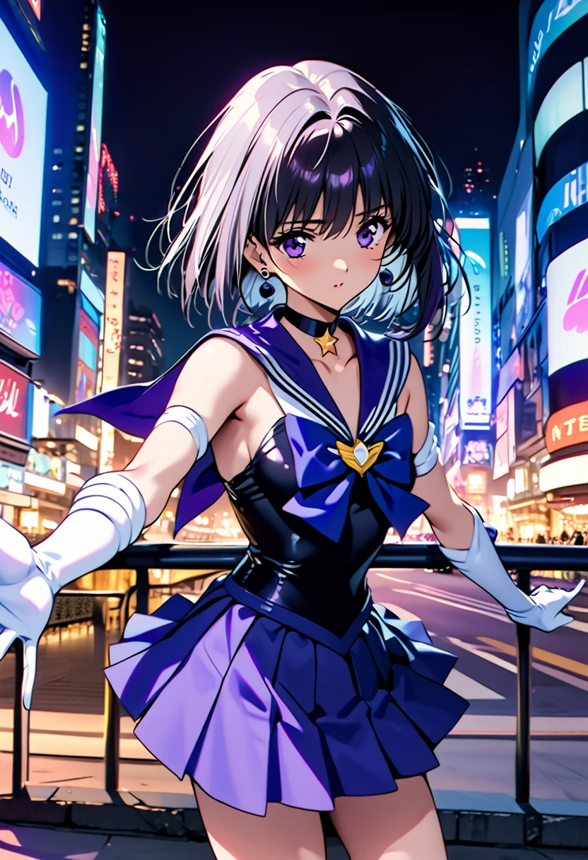 masterpieceThe best quality,Very aesthetic absurdres,Sailor Saturn XL,,One girl,Alone,Sailor Saturn XL,sailor senshi uniform,jewelry,skirt,choker,star choker,sailor collar,bow,brooch,star brooch,purple sailor collar,purple skirt,gloves,tiara,short hair,white gloves,earrings,elbow gloves,black hair,purple eyes,pleated skirt,gloves,Silver Hair,Purple eyes,city,Outdoor,night,Arms stretched out,looking at viewer,