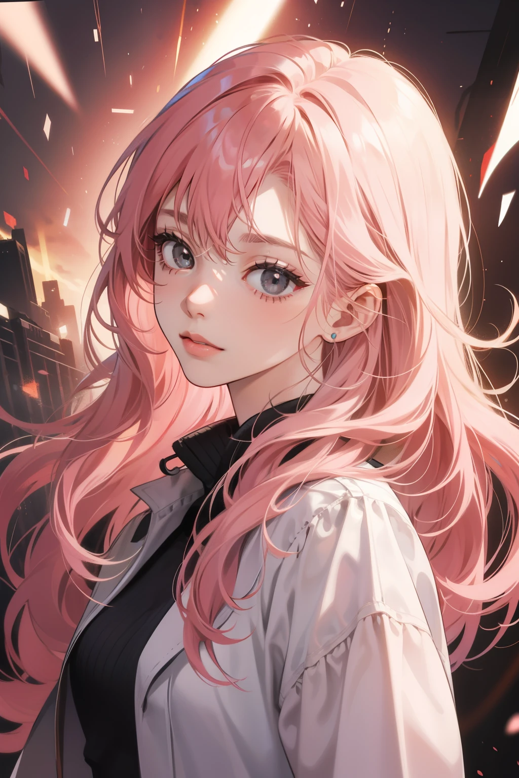 close,character, fictional, woman, consists of fragments of pink, cinematic, oblique perspective, portrait, nighttime, on a rooftop, pink colored clothes