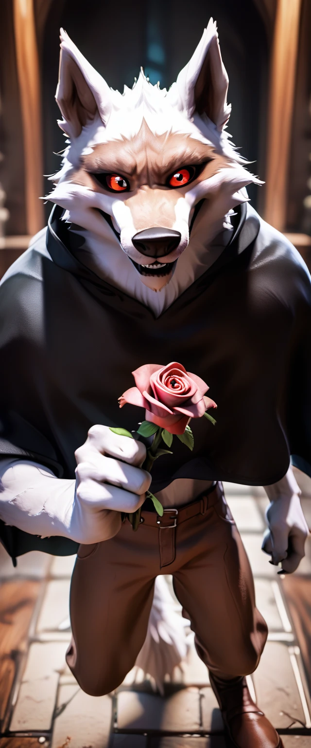 Scoring_9, Scoring_8_above, Scoring_7_above, assessment_safe,source_furry,anthropomorphic,source_3d, ((better quality, high res)), d3ath, 1Masculino, Alone, lean muscle, tail, black cloak brown pants, holding a rose, detailed eyes, finely detail, white fur sadistic smile, red eyes, black sclera, in the hall of the dark night mansion, by Bebebebebe, por K0BIT0WANI, Por Syuro