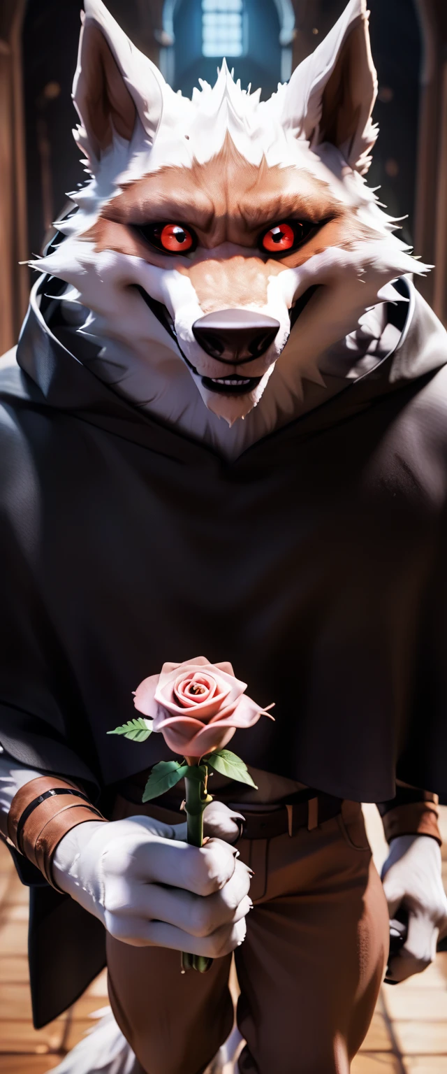 Scoring_9, Scoring_8_above, Scoring_7_above, assessment_safe,source_furry,anthropomorphic,source_3d, ((better quality, high res)), d3ath, 1Masculino, Alone, lean muscle, tail, black cloak brown pants, holding a rose, detailed eyes, finely detail, white fur sadistic smile, red eyes, black sclera, in the hall of the dark night mansion, by Bebebebebe, por K0BIT0WANI, Por Syuro