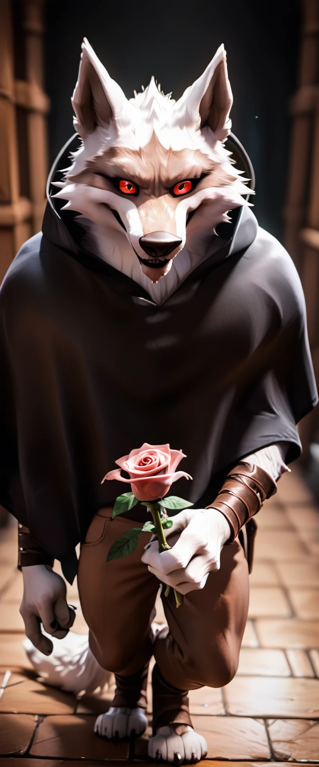 Scoring_9, Scoring_8_above, Scoring_7_above, assessment_safe,source_furry,anthropomorphic,source_3d, ((better quality, high res)), d3ath, 1Masculino, Alone, lean muscle, tail, black cloak brown pants, holding a rose, detailed eyes, finely detail, white fur sadistic smile, red eyes, black sclera, in the hall of the dark night mansion, by Bebebebebe, por K0BIT0WANI, Por Syuro