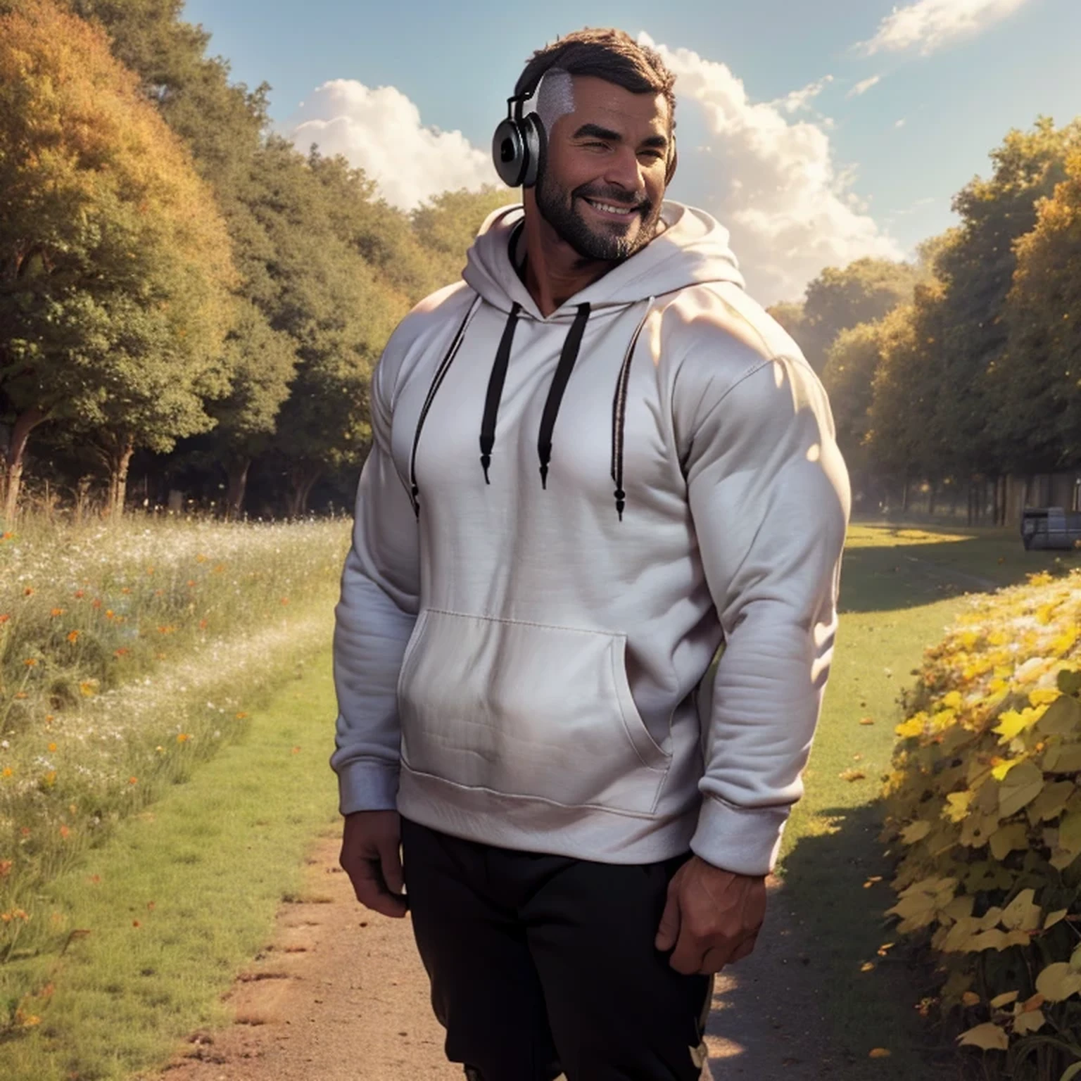 A wild thick daddy, 50 years old,  1man, bulky, nerdy, big Round face,  short beard, crew cut hair,  (wearing black headphones : 1.5) ,( white hoodie, dark short pants : 1.4), happy expression, masterpiece, full body shot, diagonal view,  (line drawing:1.2), autumn field, cloudy sky,