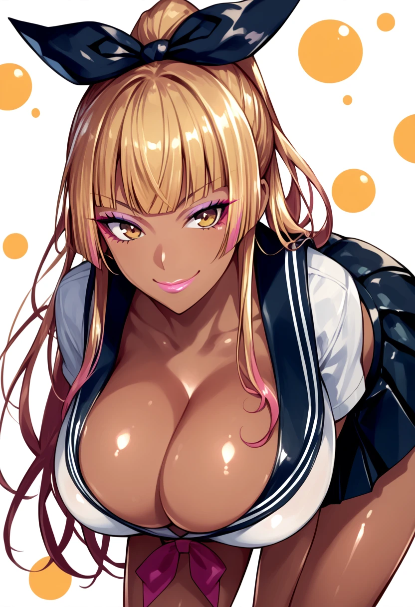 Score_9, score_8_up, score_7_up, score_6_up, source_anime, solo, 1girl, white background, abstract rectangular background, looking at viewer, BREAK 30-years-old, gyaru, nyotengu, , serafuku, huge breast, leaning forward, smirk, cleavage, hair ribbon shiny skin, makeup, pink lips, latex, shiny