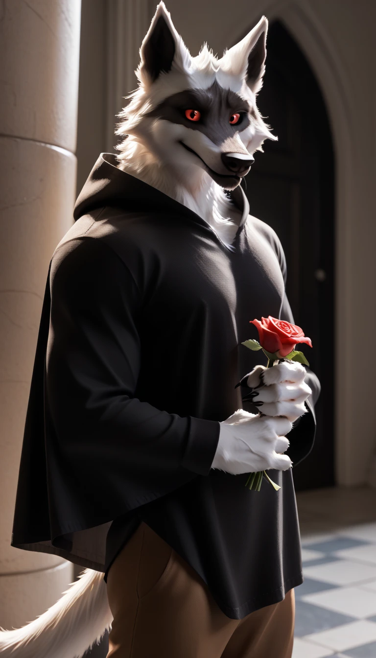 score_9, score_8_up, score_7_up, rating_safe,source_furry,anthro,source_3D, ((best quality, high res)), d3ath, 1male, solo, skinny muscle, tail, black cloak, brown pants, holding a rose, detailed eyes, finely detail, white fur, sadic smirk, red eyes, black sclera, in the dark night mansion hall, by Bebebebebe, by K0BIT0WANI, by Syuro