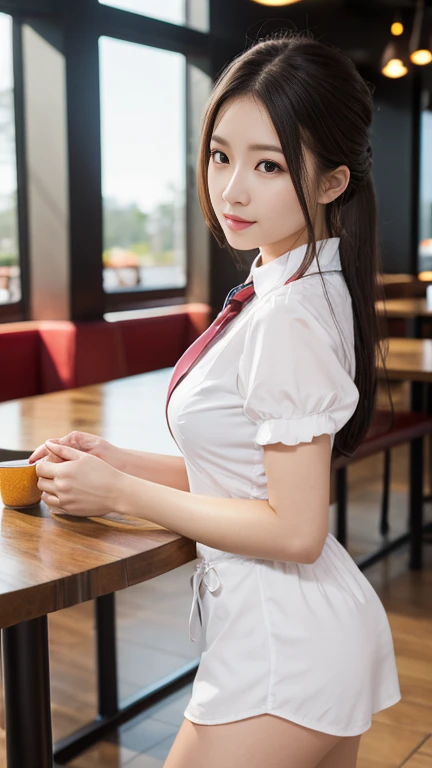 (8K), (Best quality: 1.2), (Realistic), (Photorealistic: 1.35), (Dignified Expression)))), hyper HD, 1 girl, Cute, Smile, Closed mouth, Beautiful details, Beautiful nose, pony tails, immensity, school uniform, shiny thighhighs, Fleshy, Kitchen, breakfast, breads, orange juice, Fried Egg, kawa, Fruit, sitting at table
