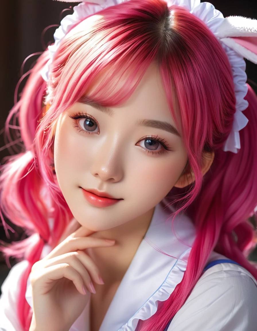 A close-up shot of a stunning anime-inspired bunny girl, her bright pink hair styled in adorable pigtails. She wears a skimpy maid outfit, her eyes gleaming with mischief under detailed, high-definition lighting that accentuates the subtle curves of her face and figure. Her pose is playful, as if she's about to whisper a secret to the viewer, her full lips curling into a sly smile., beautiful korean young woman, beautiful korean woman, beautiful asian woman, beautiful young asian woman, beautiful asian girl, asian girl with long hair, asian beautiful face, young asian woman, korean girl, korean woman, a young asian woman, young cute korean face, , face lighting, bright backlight, high resolution, best quality, Photos, 4k, (Realistic:1.2),1girl, smile, beautiful girl, (best quality,4k,8k,highres,masterpiece:1.2), ultra-detailed, studio lighting, ultra-fine painting, sharp focus, physically-based rendering, extreme detail description, professional, vivid colors, fantasy, More Reasonable Details, ulzzang, ImgFixerPre0.3