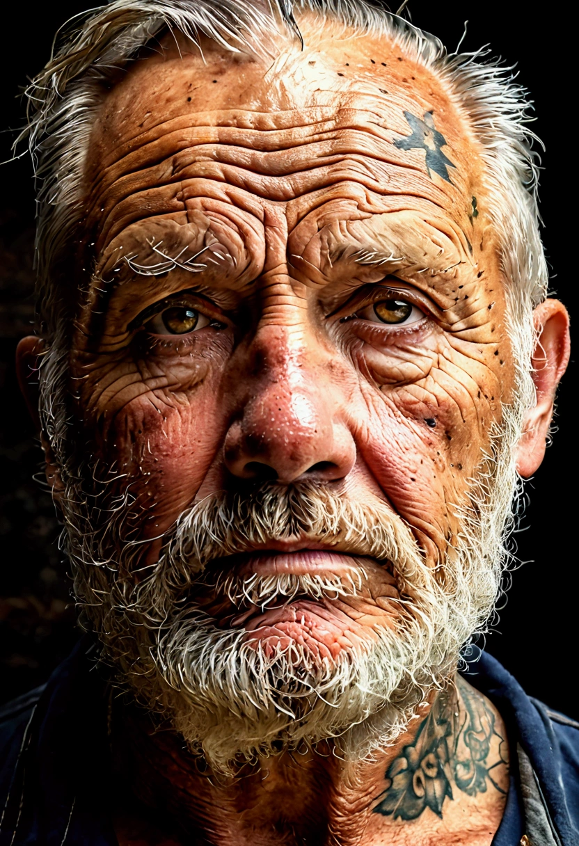 a weathered old sailor with nautical tattoos, rugged expression, strong facial features, detailed eyes and face, dramatic lighting, amber tones, cinematic atmosphere, masterpiece, 8k, hyperrealistic, photorealistic, sharp focus, studio lighting, cinematic composition, dramatic shadows, richly textured skin, majestic, adventure, wanderlust, weathered, aged, experienced, worn, grizzled, soulful, enigmatic, intense gaze, compelling portrait