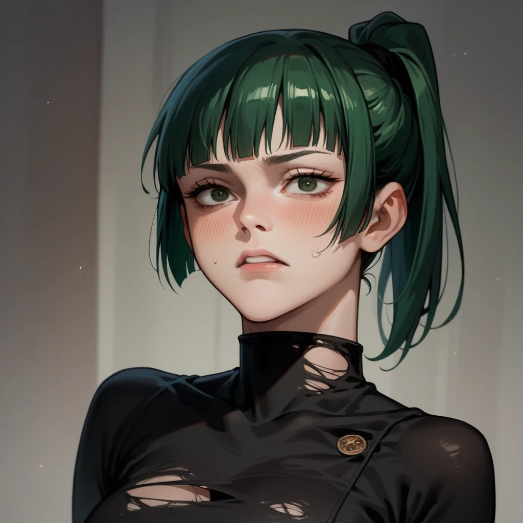 Maki Zenin, dark green hair, hair tied in a ponytail, wearing tight black top, ripped short jeans, ultra detailed green eyes, flushed face