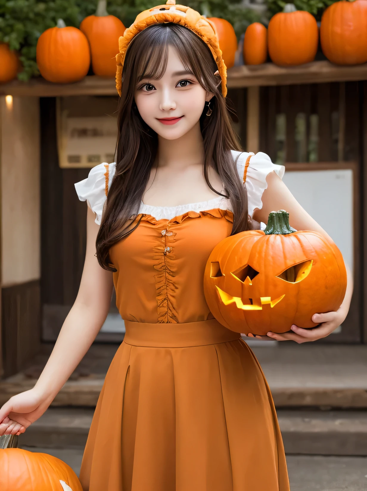 1 beautiful young girl, Super beautiful detailed face, smile shyly, small breasts), (orange and deep-green theme:1.2), (fusion of witch costume and dirndl:1.3), (black theme:1.1), ((black witch-hat, black pointy hat) with ribbon:1.4), (orange apron over skirt:1.4), (deep-green (ruffle-skirt, multilayer-skirt):1.4), ((bustier, waist cincher):1.3), (white short puff-sleeve:1.3), (deep-green and orange striped-pattern over-knee-socks:1.3), ((black evening-glove, choker, frills):1.2), (black High-heels:1.1), (Halloween print on apron:1.3), hime cut hair, (Fine face:1.2), High quality, Realistic, extremely detailed CG unified 8k wallpaper, highly detailed, High-definition raw color photos, professional photography, Realistic portrait, Cinematic Light, Beautiful detailed, Super Detail, high details, (((Bokeh))), depth of fields, illumination, Neon Street, Super stylish lighting, halloween night, pumpkin lantern