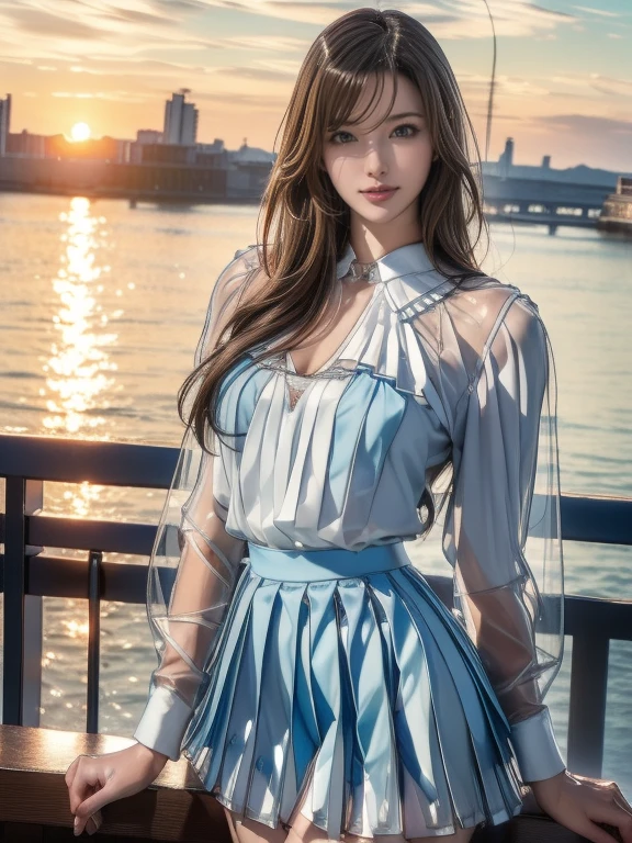 ((Highest quality,4K,High resolution,masterpiece:1.2)),((Character Concept Art)), 1 female, 20-year-old women, ((Shoulder-length brown hair、Hair curled loosely inwards)), (Skin as white as snow), Very detailed eyes (Brown Eye Color), have confidence, beautiful, slim body build, Big Breasts、((Intricate details)), Very finely crafted needles, Very finely crafted fingers(((10 fingers))), ((Mini bottan up blue dress_long sleeves_white collared brouse_white collared cuff_mini skirtof the edge is white colouerd:1.3)), (Full-body showcase), (Show whole body),A shy smile、((In the hustle and bustle of the city:1.2))、((Standing with grace、left Hand on her chin:1.5))