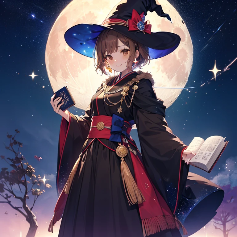 Irohaisshiki, isshiki iroha, Short Hair, Brown Hair, (brown eyes:1.5), smile,((Night Sky)),((Big full moon)),((Sparkling colorful stars)),Fluffy hair,((Idol-style soft volume costume)),Long skirt,Holding a magic book in his right hand、,Use magic with your left hand,((witch)),Rubik&#39;s&#39;正方shape, Destroy outdoors, forest,forest 壊す looking at viewer,Break the upper body (masterpiece:1.2), Best quality high resolution, Unity 8K Wallpaper, (shape:0.8), (Narrow and beautiful eyes:1.6), High resolution face, Perfect lighting, Extremely detailed CG, (Perfect hands, Perfect Anatomy),