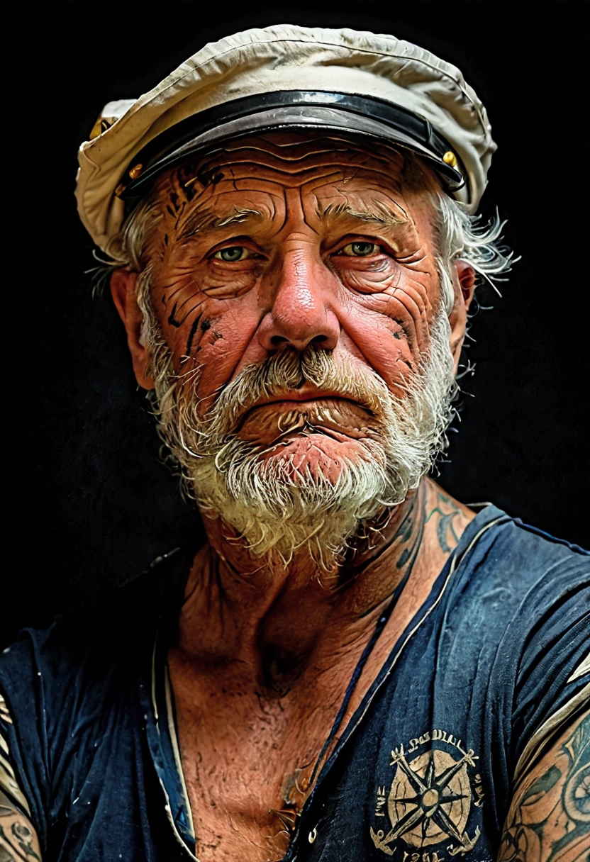 a weathered old sailor with nautical tattoos, rugged expression, strong facial features, detailed eyes and face body, dramatic lighting, amber tones, cinematic atmosphere, masterpiece, 8k, hyperrealistic, photorealistic, sharp focus, studio lighting, cinematic composition, dramatic shadows, richly textured skin, majestic, adventure, wanderlust, weathered, aged, experienced, worn, grizzled, soulful, enigmatic, intense gaze, full body view