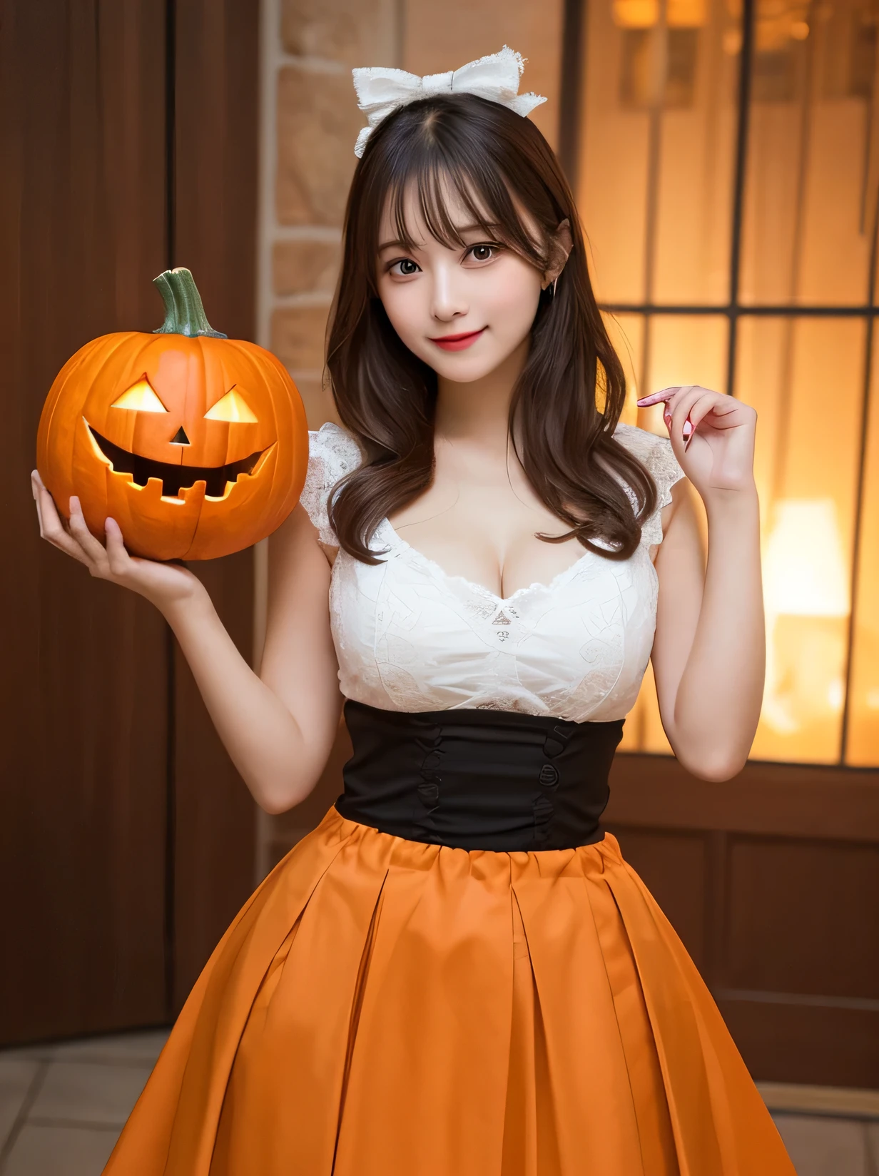 (Halloween theme:1.5), (fantasy:1.5), upper body portrait of a very busty beautiful women wearing halloween LITTLE RED RIDING HOOD costume, skin tight full lacy ultra detailed embroidery Dirndl, (fusion of red satin dirndl and gothic lolita:1.3), BREAK, ((;D1.3, happy evil smile:1.2)), perfect face,perfect eyes,HD details,high details,sharp focus,studio photo,HD makeup,shimmery makeup,celebrity makeup, (bust up image:1.5), ((centered image)) (HD render)Studio portrait,magic, magical, fantasy,(huge breasts)(large breasts),(big breasts),(sagging breasts), tree, forest, halloween forest, jack-o'lantern, pink hair, halloween background, bright pumpkin, (RedHoodWaifu, (red hood, cap)), (arms behind back:1.3), (leaning forward:1.3), (front view:1.3), wolf,