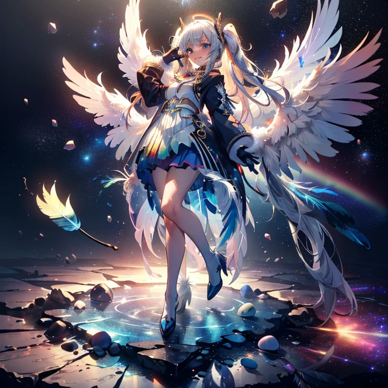 (a bit: 1.2), (masterpiece: 1.4), (Best Quality: 1.4), (She is fused with a Gundam mecha from the future.:1.4), (Very cute angel girl, Ultra detailed face, Jewel-like eyes, White very long hair, Colorful gradient hair: 1.4),Put on head gear, With V-fin ,Mechanical Wings, (whole body:1.5, Two perfect arms, Perfect two legs: 1.4), (Four perfect fingers: ), Light, Shine, Bokeh, Super Fine, Watching the audience,Focus on the eyes　star,Wide viewing angle,Low angle,彗star,milky way,((Archangel　Fantasy　Rainbow Hair　Dye the inside of your hair rainbow colors　Twin tails　Dull blue eyes))　((Has a galaxy　Uniform　Put on a coat without putting your arms through it))　(((Wings many times larger than mine　Rainbow gradient feathers　Glass Feather)))　Pillar of Light　Cyberpunk　Smiling Kindly　Front　Low Angle))　((tears　gloves))　(Broken glass　Rolling Pebble　Distorted Space-Time　star)　Catching the Wind　milky way　Shine背景　Particles of light　Iridescent Edge　Shineエッジ　star,Wide viewing angle,High Position,彗star,milky way,Watching from a distance