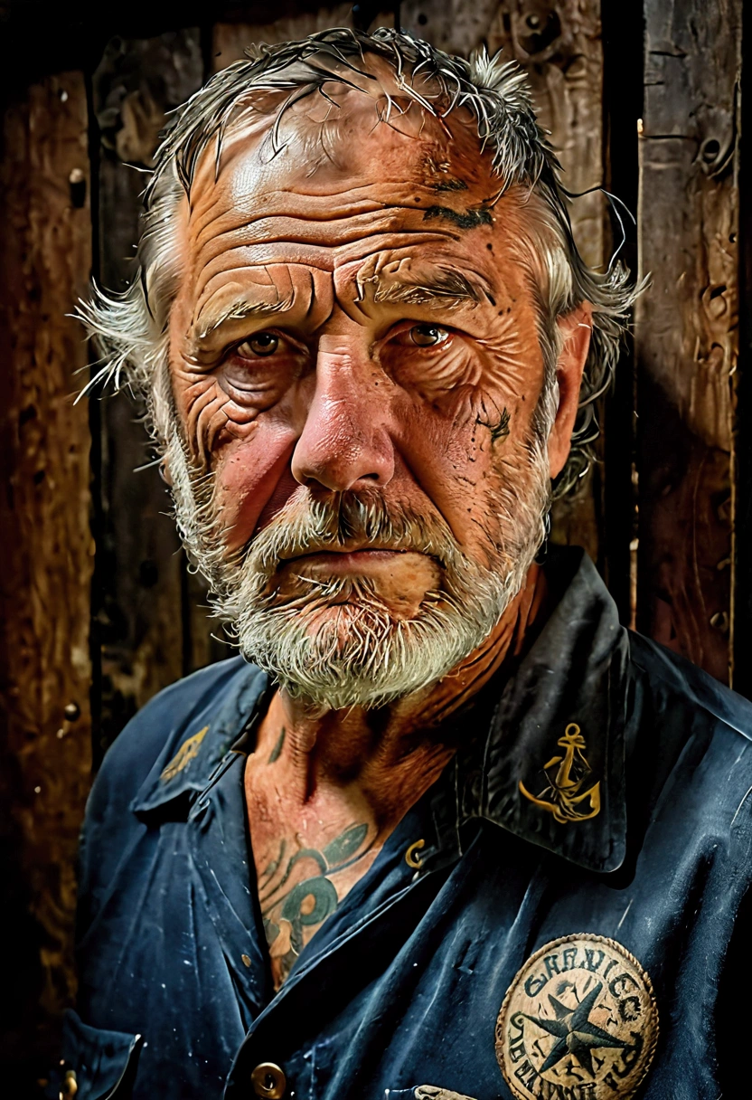 a weathered old sailor with nautical tattoos, rugged expression, strong facial features, detailed eyes ,face and body, wearing a unbuttoned shirt, dramatic lighting, amber tones, cinematic atmosphere, masterpiece, 8k, hyperrealistic, photorealistic, sharp focus, studio lighting, cinematic composition, dramatic shadows, richly textured skin, majestic, adventure, wanderlust, weathered, aged, experienced, worn, grizzled, soulful, enigmatic, intense gaze, full length body view