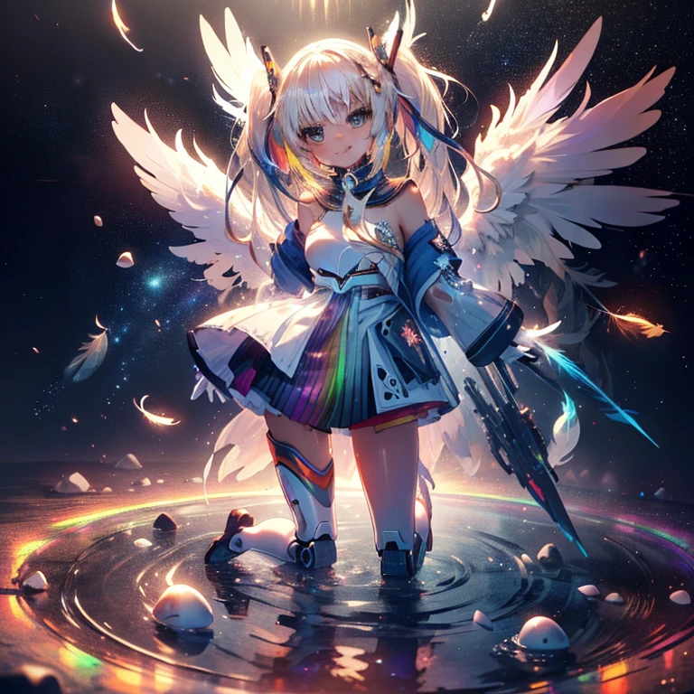 (a bit: 1.2), (masterpiece: 1.4), (Best Quality: 1.4), (She is fused with a Gundam mecha from the future.:1.4), (Very cute angel girl, Ultra detailed face, Jewel-like eyes, White very long hair, Colorful gradient hair: 1.4),Put on head gear, With V-fin ,Mechanical Wings, (whole body:1.5, Two perfect arms, Perfect two legs: 1.4), (Four perfect fingers: ), Light, Shine, Bokeh, Super Fine, Watching the audience,Focus on the eyes　star,Wide viewing angle,Low angle,彗star,milky way,((Archangel　Fantasy　Rainbow Hair　Dye the inside of your hair rainbow colors　Twin tails　Dull blue eyes))　((Has a galaxy　Uniform　Put on a coat without putting your arms through it))　(((Wings many times larger than mine　Rainbow gradient feathers　Glass Feather)))　Pillar of Light　Cyberpunk　Smiling Kindly　Front　Low Angle))　((tears　gloves))　(Broken glass　Rolling Pebble　Distorted Space-Time　star)　Catching the Wind　milky way　Shine背景　Particles of light　Iridescent Edge　Shineエッジ　star,Wide viewing angle,High Position,彗star,milky way,Watching from a distance