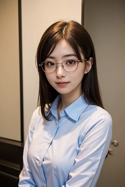 1 girl, beautiful, cute, professional lighting, highest quality,well-groomed face,(dress shirt:1.5),long hair, clear, beautiful,glasses