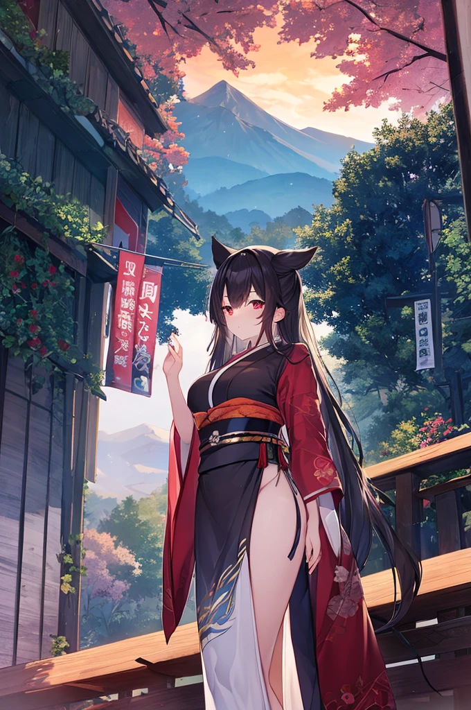 Masterpiece, full picture, ultra high quality, ultra detailed, 1girl, solo, japanese deity, long black and orange hair, red eyes, fox ears, gorgeous hair-ornament, thick thighs, black tights with skindentation and garter belt, black and red revealing traditional dress, standing up, beautiful lady pose, holding traditional japanese brush in one hand, katana bound to belt on waist, entrance to room of ruined traditional japanese building, smirk, looking at viewer