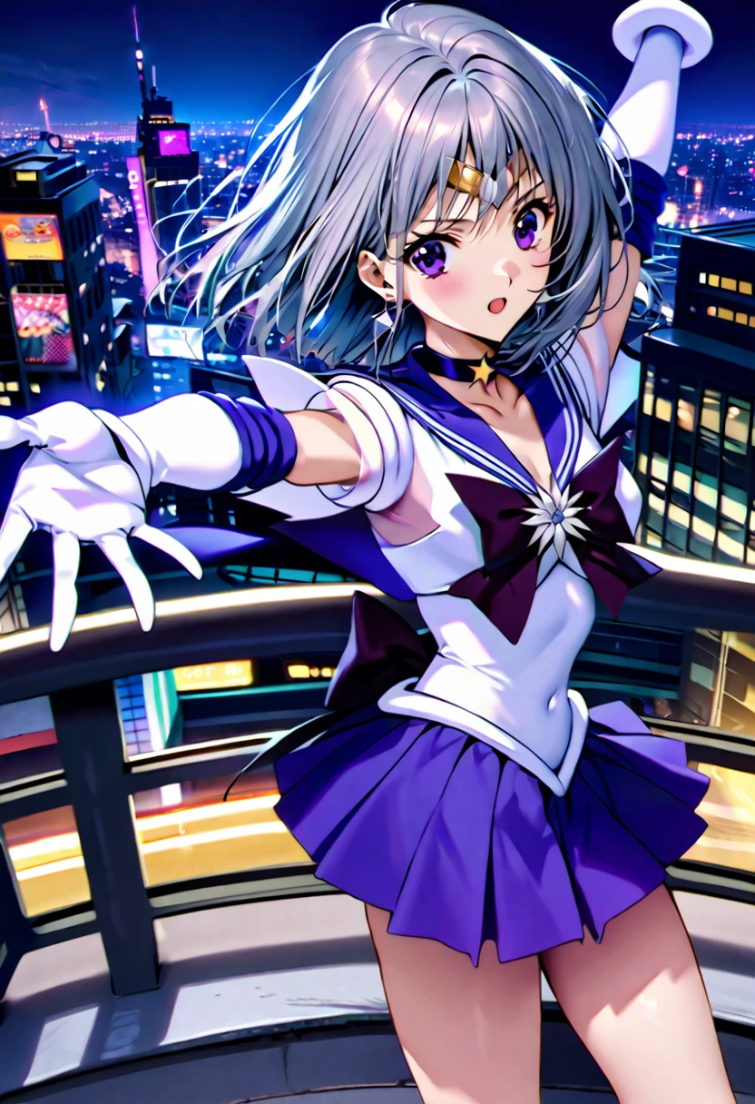 score_9, score_8_up, score_7_up,masterpieceThe best quality,Very aesthetic absurdres,SKIRT, GLOVES, BOW, JEWELRY, PLEATED SKIRT, EARRINGS, CHOKER, ELBOW GLOVES, WHITE GLOVES, SAILOR COLLAR, Star (symbol), MAGICAL GIRL, tiara, BROOCH, PURPLE SKIRT, BACK BOW, SAILOR SENSHI UNIFORM, Star CHOKER, PURPLE SAILOR COLLAR, Star BROOCH, SAILOR SATURN,,Silver Hair,Purple eyes,city,Outdoor,night,Arms stretched out,looking at viewer,