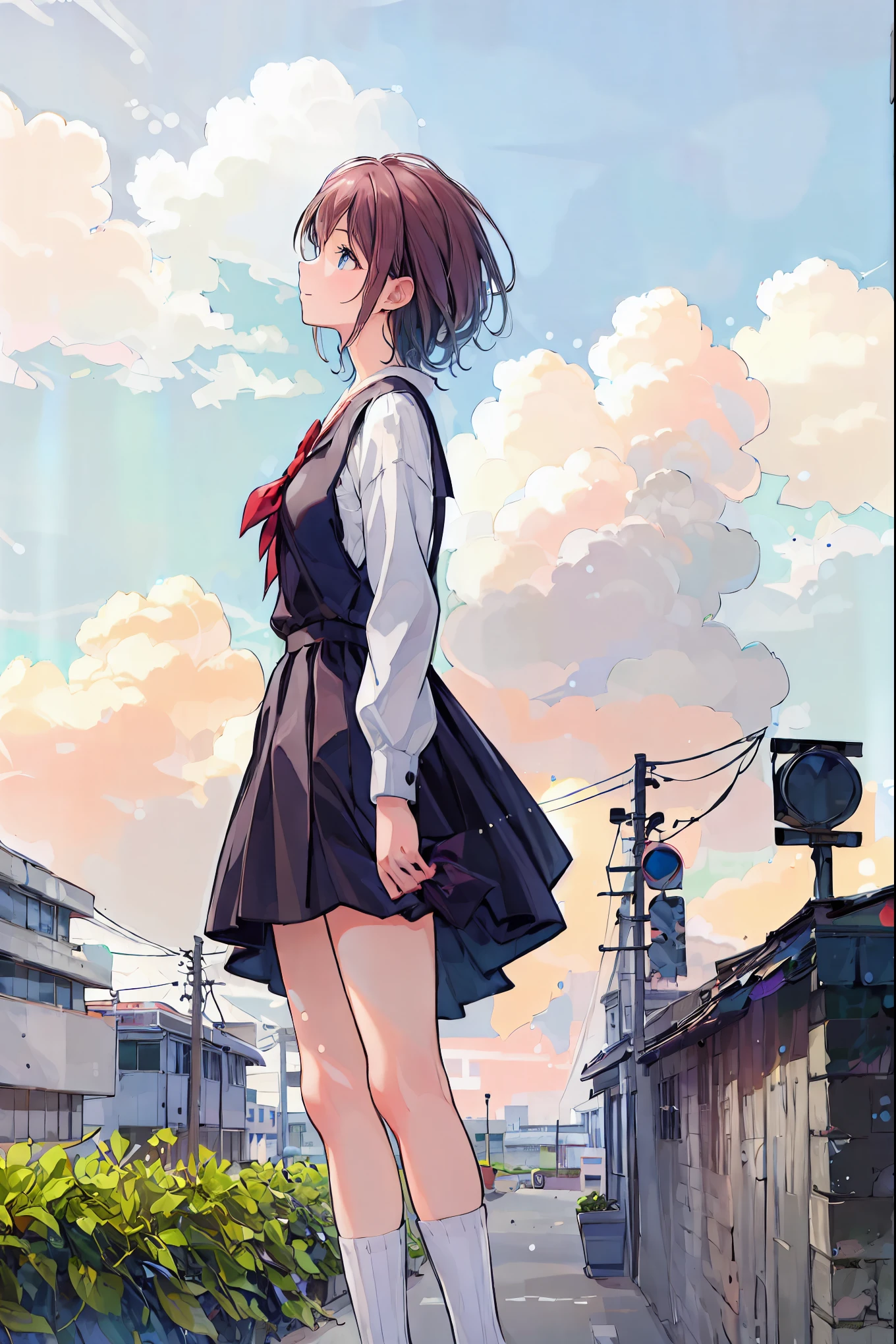 (Best Quality:2.0), ([profile:1.5), (Red face:1.3), (Realistic:1.5), 1 , rooftop、Tokyo Skytree、The wind is blowing strongly，Concept Art、masterpiece、High resolution、Photographed from the front、There are no people，Embarrassed look, smile, Very nice girl, Innocent face, Young Face, Clear Eyes, Glowing eyes Beautiful skin, Super Resolution, 最High resolution，Japanese high school students, Black camisole，Beautiful sky, Bright Sky, Sunshine, Hanging Garden，Cumulonimbus，Brown Hair，Shortcuts，Disheveled Hair，Short braided hair，Neat，Slender beauty，Dignified posture，Small breasts，Beautiful legs，Her charming grey-blue eyes shine like stars.，Vibrant colors,Beautiful Eyes,繊細なsmile,Textured skin,Best Qualityを最高の状態で,A kind  beautiful woman,Anime Style，