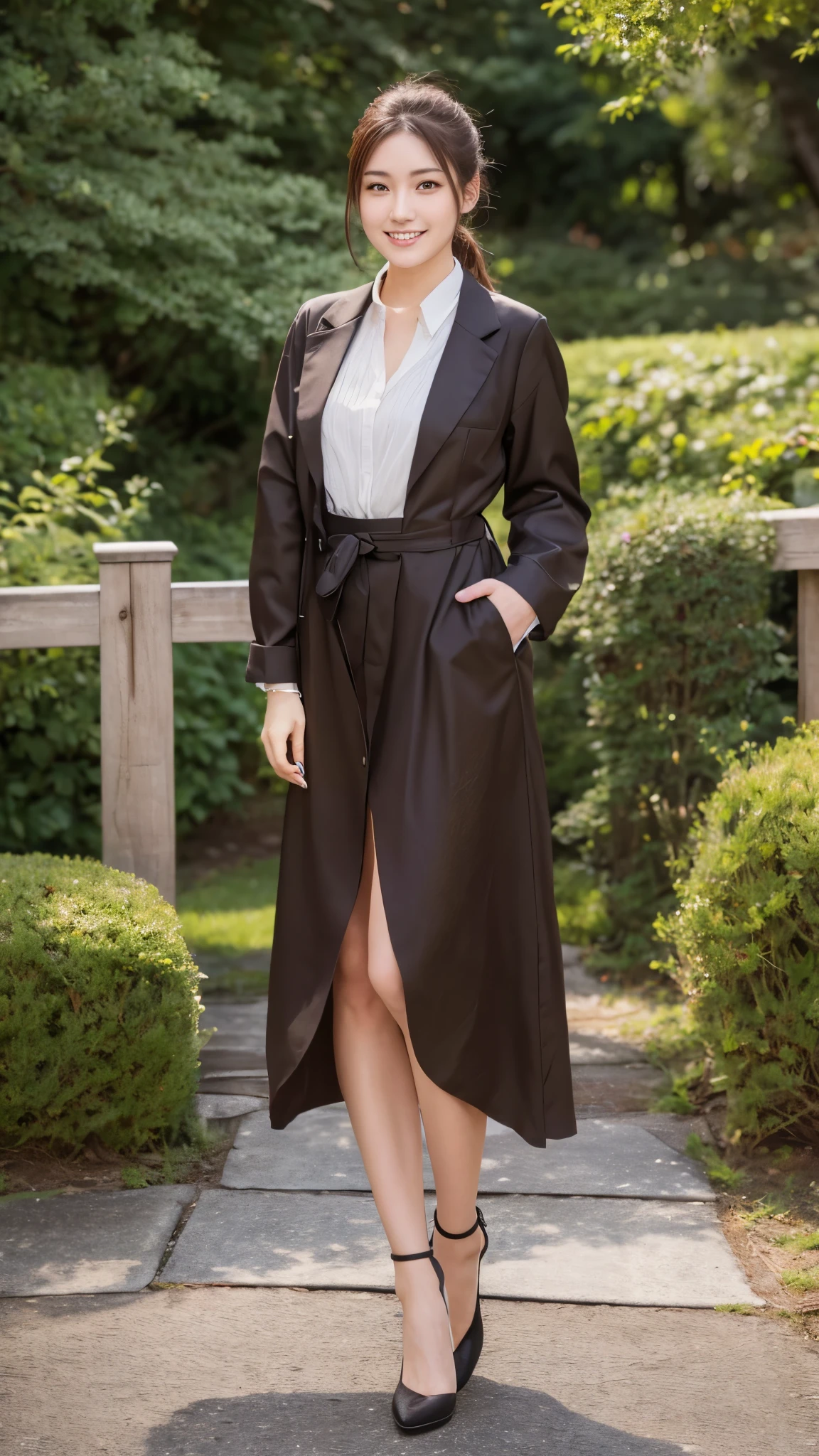 photograph(8k), Full body image, 日本の18歳の若い美しい女性のphotograph, A noble lady of good taste, Slender and long legs, Large dark brown eyes, smile, View your viewers, Perfect Face, Dark brown hair, ponytail, (Model's body type), Tokyo