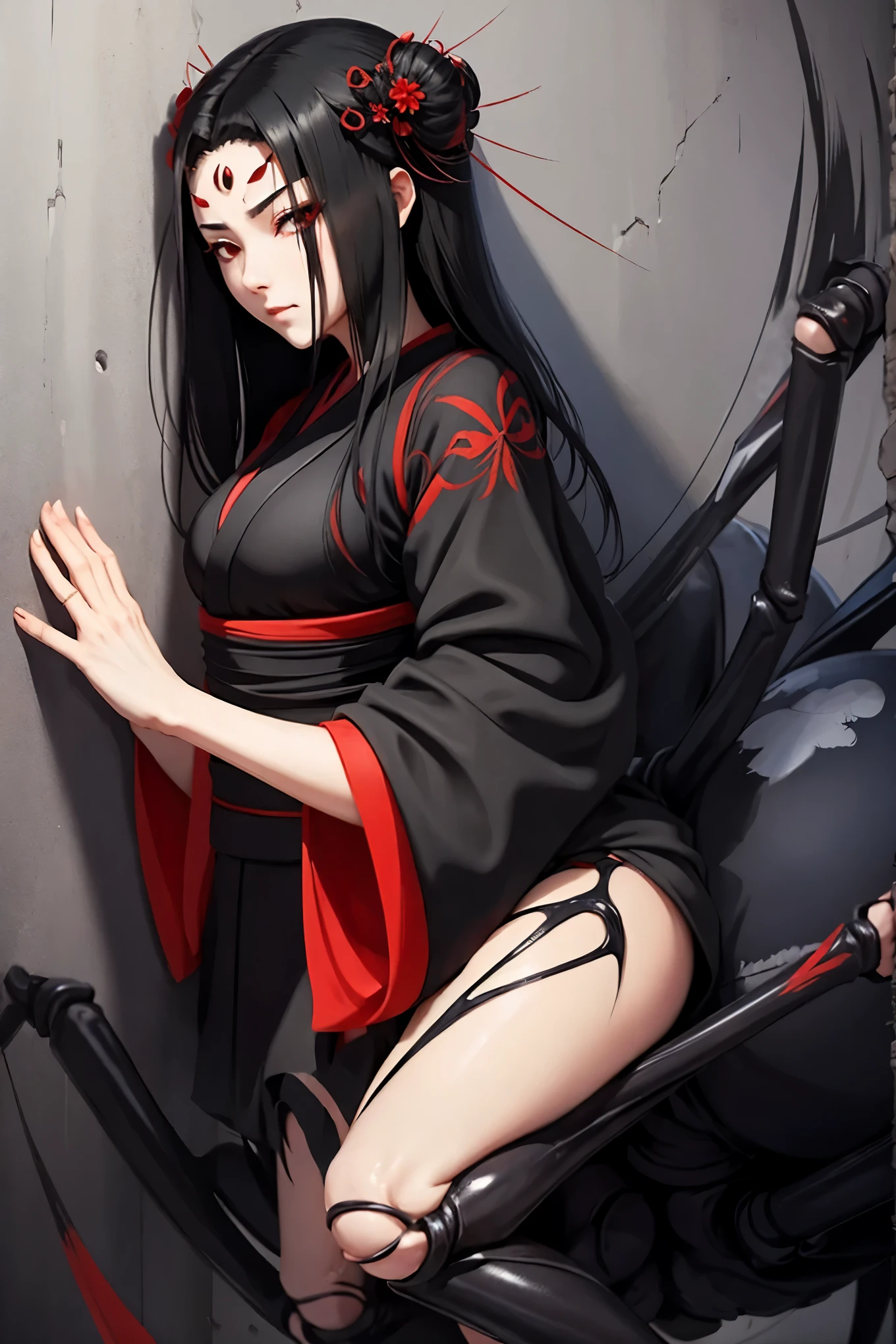 Arachne girl. Black hair. Hair ornament of spider lily. Kunoichi style. Knife. Black kimono. Sticking to the wall.
