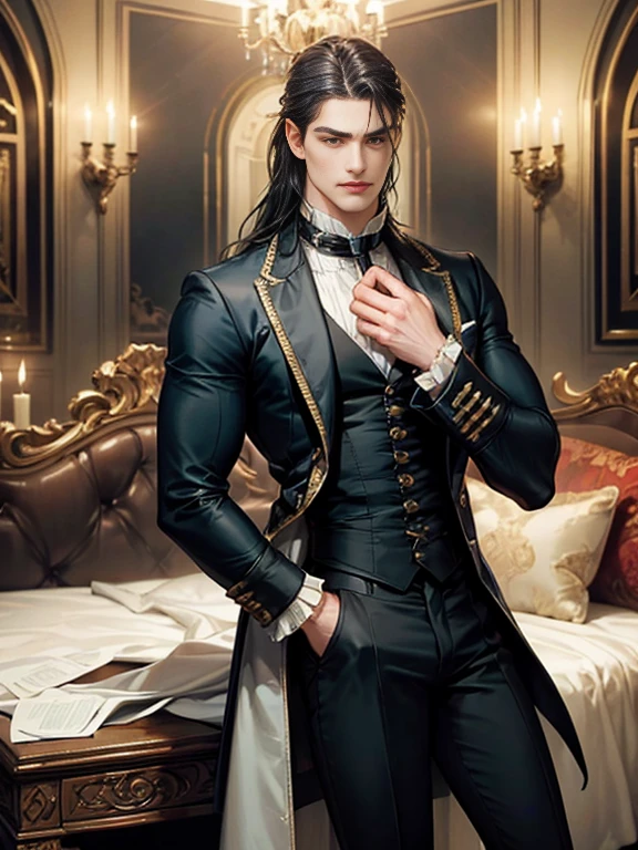 masterpiece, highest quality, (solo focus), (perfect face:1.1), (high detail:1.1),dramatic, 1guy, (pale skin), long white,black hair, green eyes, solo, long hair, moon, night, black,white luxury suit, covered navel, pouty lips, covered, London city, detailed background, art by artgerm and greg rutkowski, gothic renaissance, cinematic lighting, animal print,  male Cruella de Vil, art by Heise Jinyao,