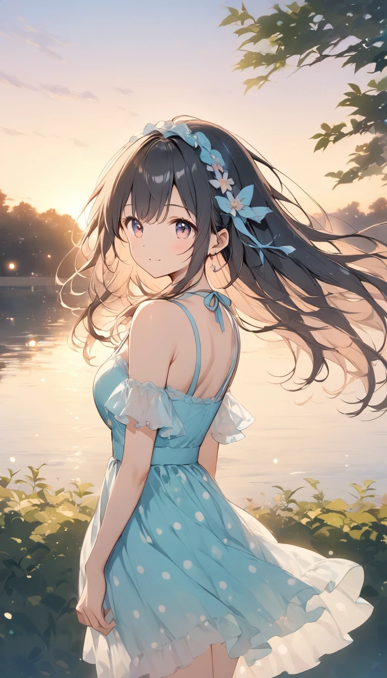 masterpiece、highest quality、High resolution、Very detailed、Medium wide shot、Girl、Looking Back、See-through clothing、smile、after the rain、blue sky、Wet Hair、Water Drop、Watching the audience、summer、rainbow、