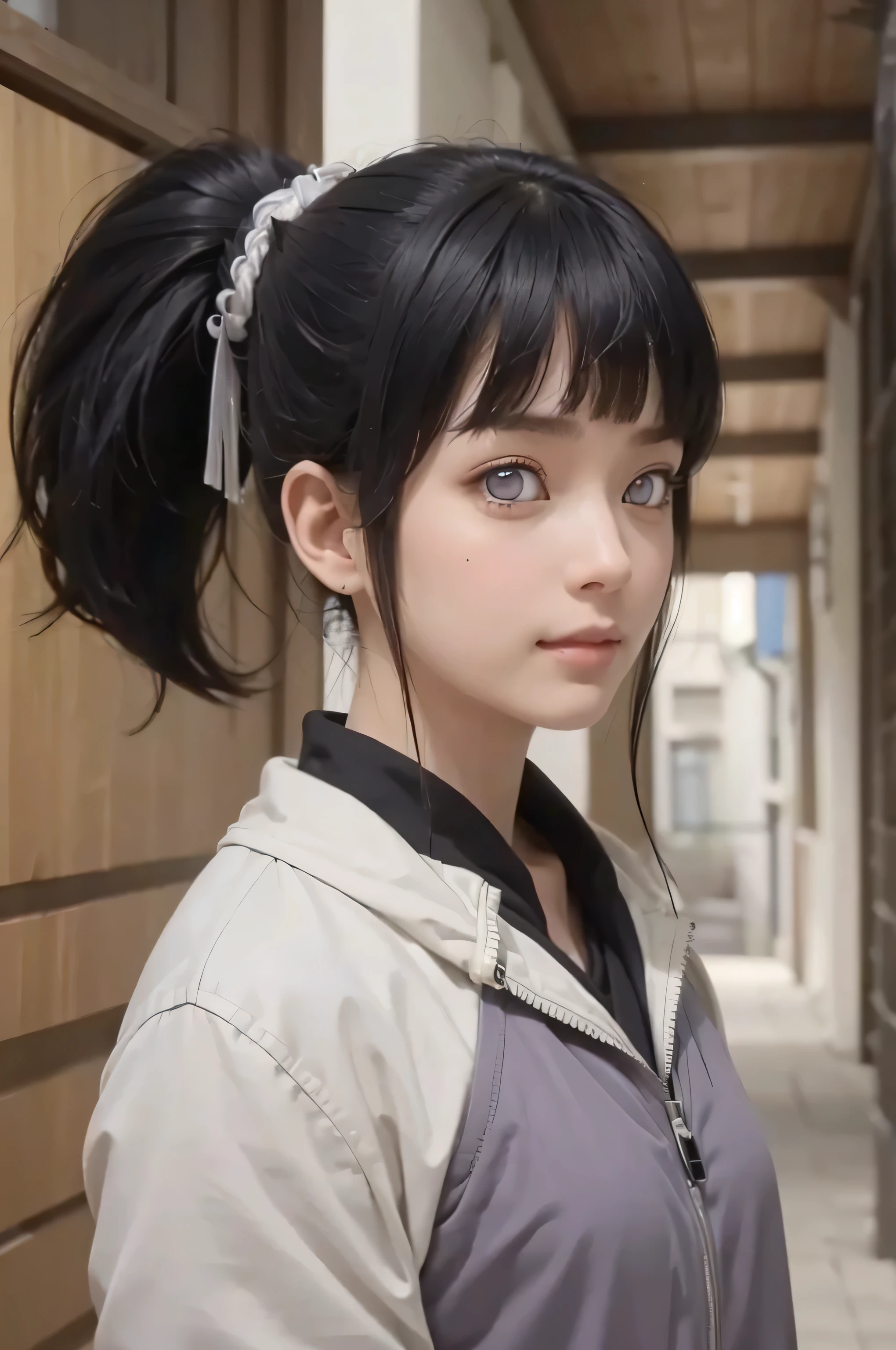 masterpiece, best quality, (realistic,photo-realistic:1.4), (RAW photo:1.2), extremely detailed CG unity 8k wallpaper, delicate and beautiful, amazing,finely detail, official art, absurdres, incredibly absurdres, huge filesize, ultra-detailed,extremely detailed eyes and face,light on face,hinata,(little smile),(black hair:1.4),(long hair:1.3),(wearing jacket:1.4),(nature backgrouund:1.4),(byakugan eyes:1.5),ponytail