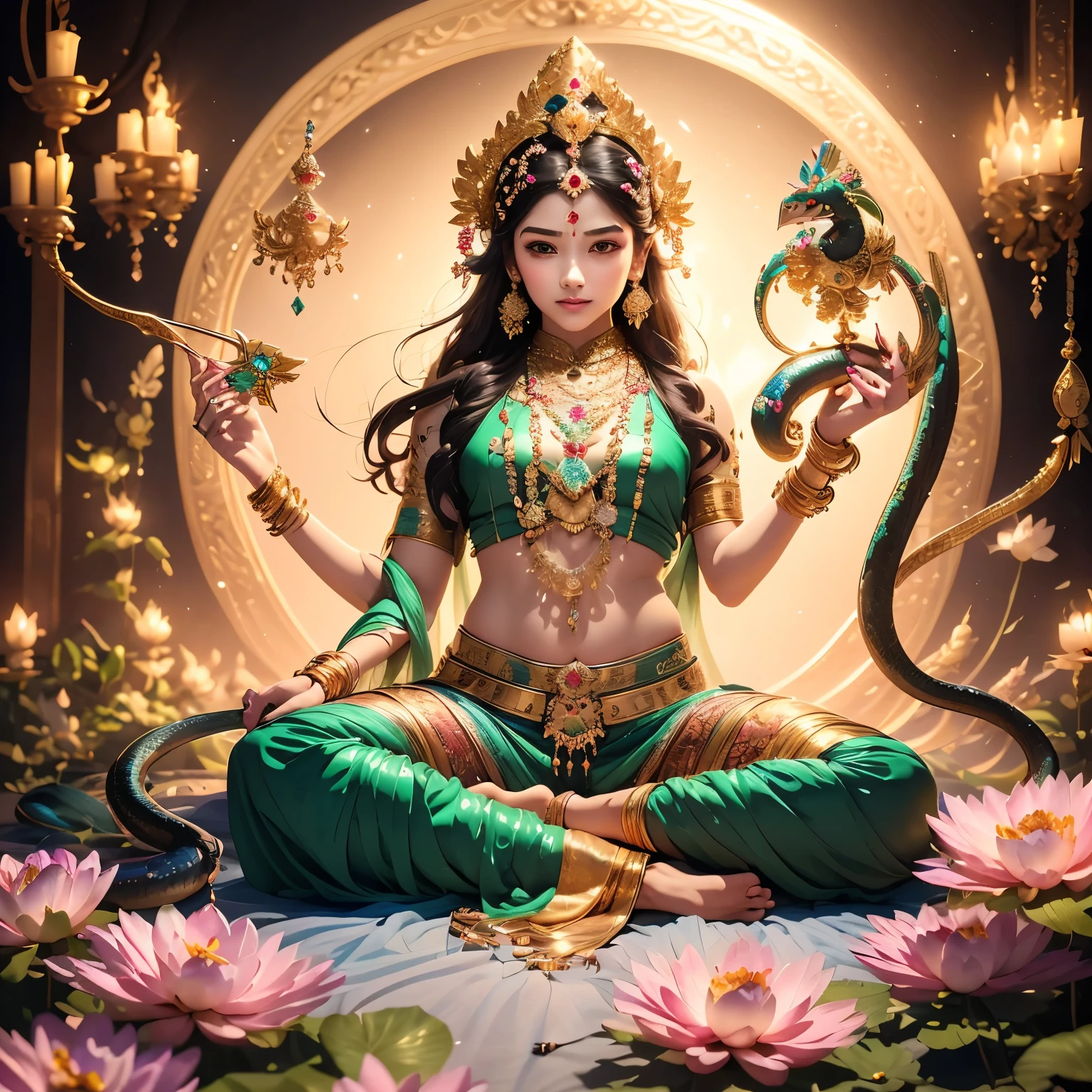 Green-skinned girl with four arms standing in the garden， Beautiful，Cute ，Green skin is smooth and delicate，Holding a trident in hand，barefoot , The girl with four arms，The four arms are：The upper right hand holds a trident halberd，Lower right hand holding a peacock feather fan，Holding a black snake in the upper left hand，Lower left hand mudra。Snakes coiled around arms and legs，There are also black snakes in the hair，There is one under your feet，Surrounded by meadows full of flowers，远处是Daisetsu Mountain，Flowers all around，Forest with trees behind，There are mountains in the distance，Daisetsu Mountain，Beautiful. Extremely high level of detail, divine , female ,Indian Art，Indian culture young girl，