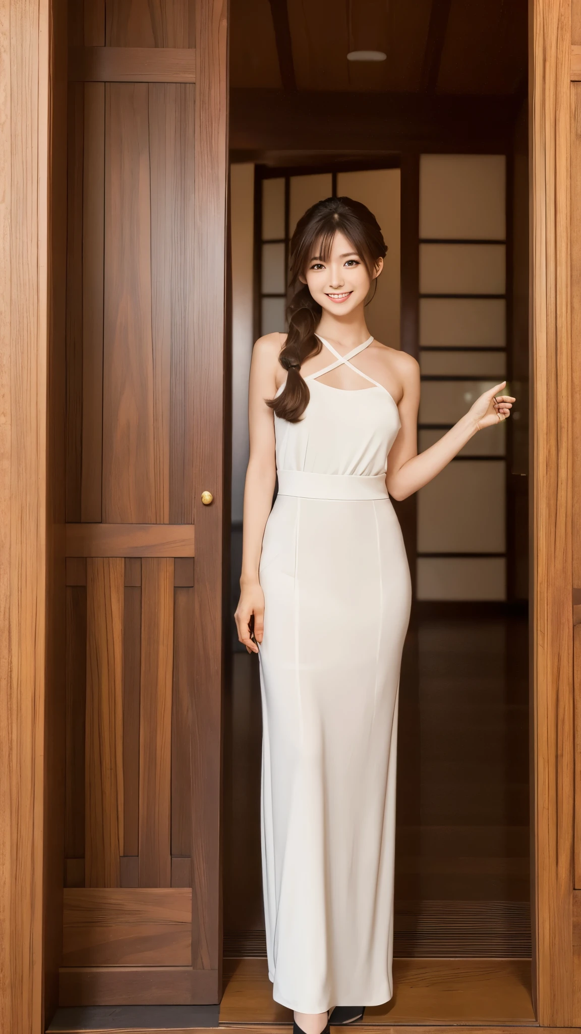 photograph(8k), Full body image, , 日本の若く美しい女性のphotograph, A noble lady of good taste, Slender and long legs, Large dark brown eyes, smile, View your viewers, Perfect Face, Dark brown hair, ponytail, (Model's body type), Tokyo