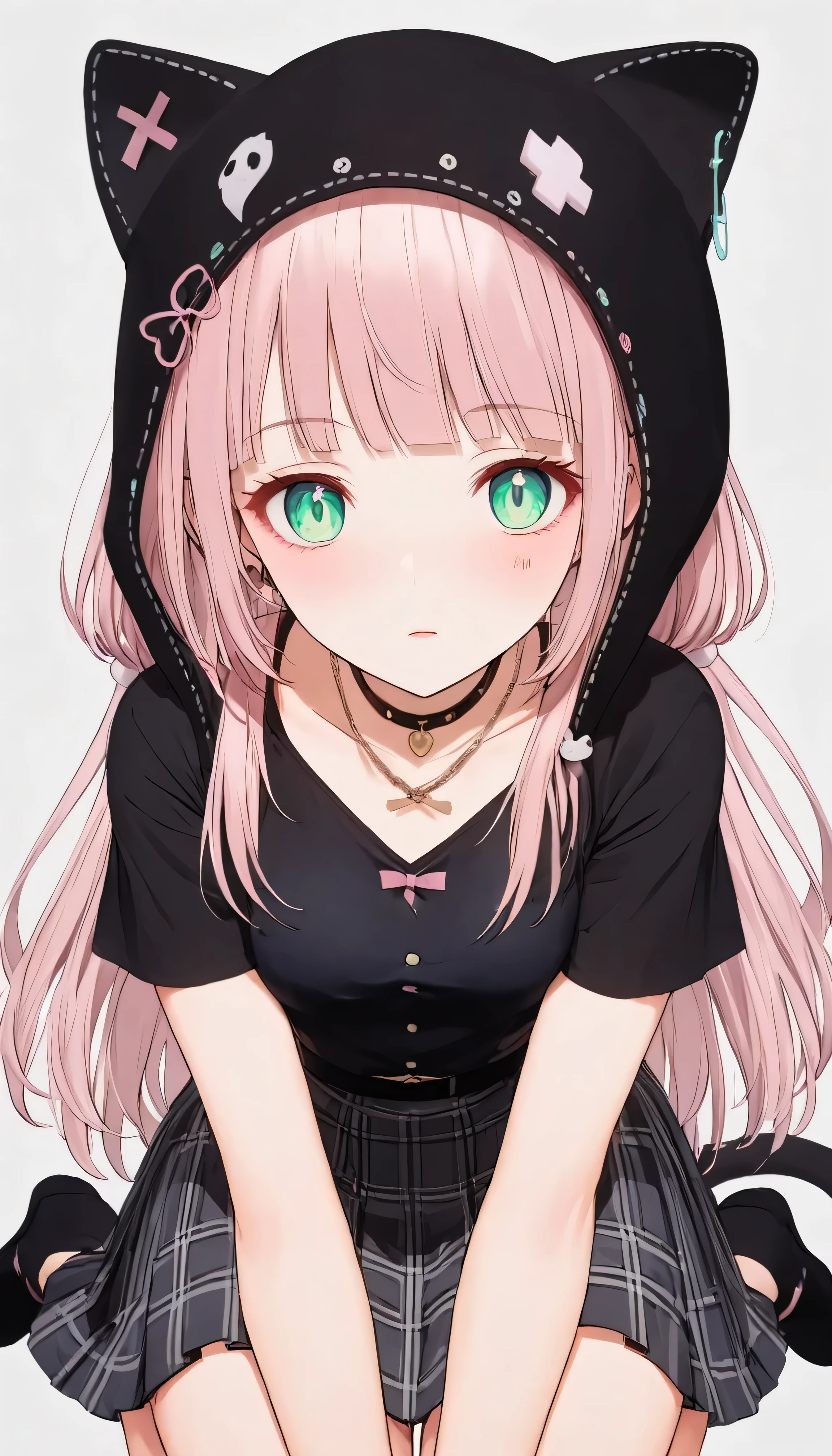luzao\(EOE\),one girl,solo,{{{{masterpiece}}}}, {{{Super detailed}}}, {{{high resolution}}},(((best quality))),((pearl pink hair,emerald eyes)),{{Extremely detailed and refined}}, {4k CG wallpaper}, {{illustration}},(|Detailed hair|blunt bangs|shiny hair),(full body shot),((summer shirt,plaid skirt)),black cat ear hood,(negative_v2 Color_Balance_Calibration:0.8), DeepNegative_xl_v1, unaestheticXL_bp5