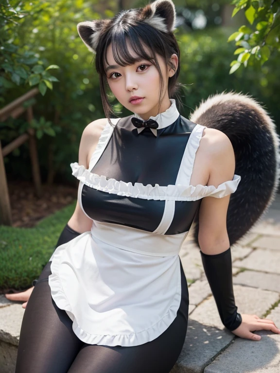 Ahri ,LoL, League of legends character Adult woman, hugs a stuffed penguin, maid hat, maid apron, Fox tails, Fox ears, Pale skin tone, Big chest, Clivage, alluring look, blushing, somewhere in nature, outside