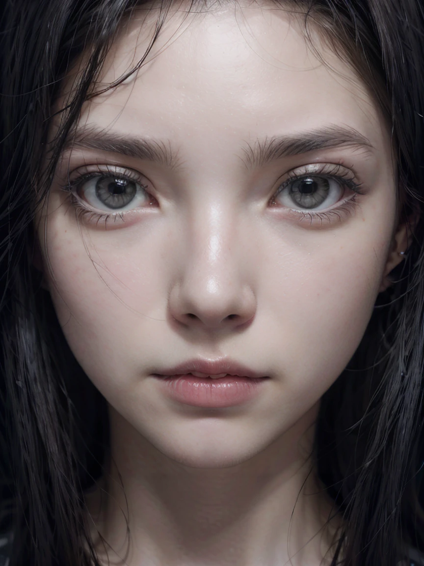 (European Girls)、Black Hair、Straight Long Hair、Bright dark blue eyes、Long eyelashes、Sharp Eye、Thin Nose、Beautiful Face、Scared、Anxious expression、Ultra-high resolution, Ultra-high resolution, (Realistic:1.4), Doll-like face、Outdoor、Futuristic Environment、She&#39;s a future deadly enforcer.、Carry a laser gun