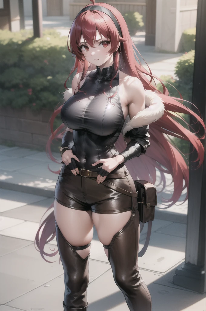 best quality, masterpiece, 1girl, (solo:1.1), raytracing, ultra detailed,detailed face, 8k wallpaper, wide hips, ErisgreyratNDV, 1girl, red hair, red eyes, large breasts, very long hair, ahoge, cowboy shot, hair between eyes, bare shoulders, black hairband, sleeveless shirt, brown jacket, fur collar, open clothes, leather shorts, high boots, belt, fingerless gloves, brown thighhighs, standing, outdoor 