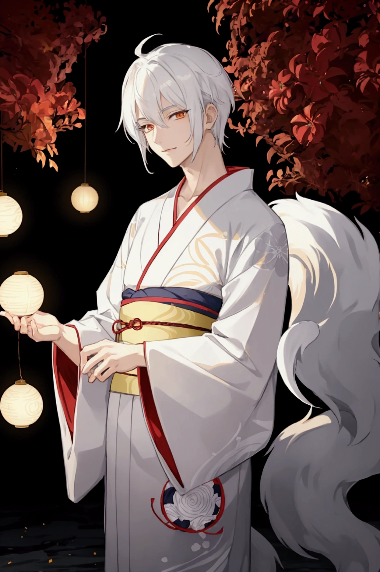 a white-haired kitsune boy with golden eyes marked with the part of his yukata open