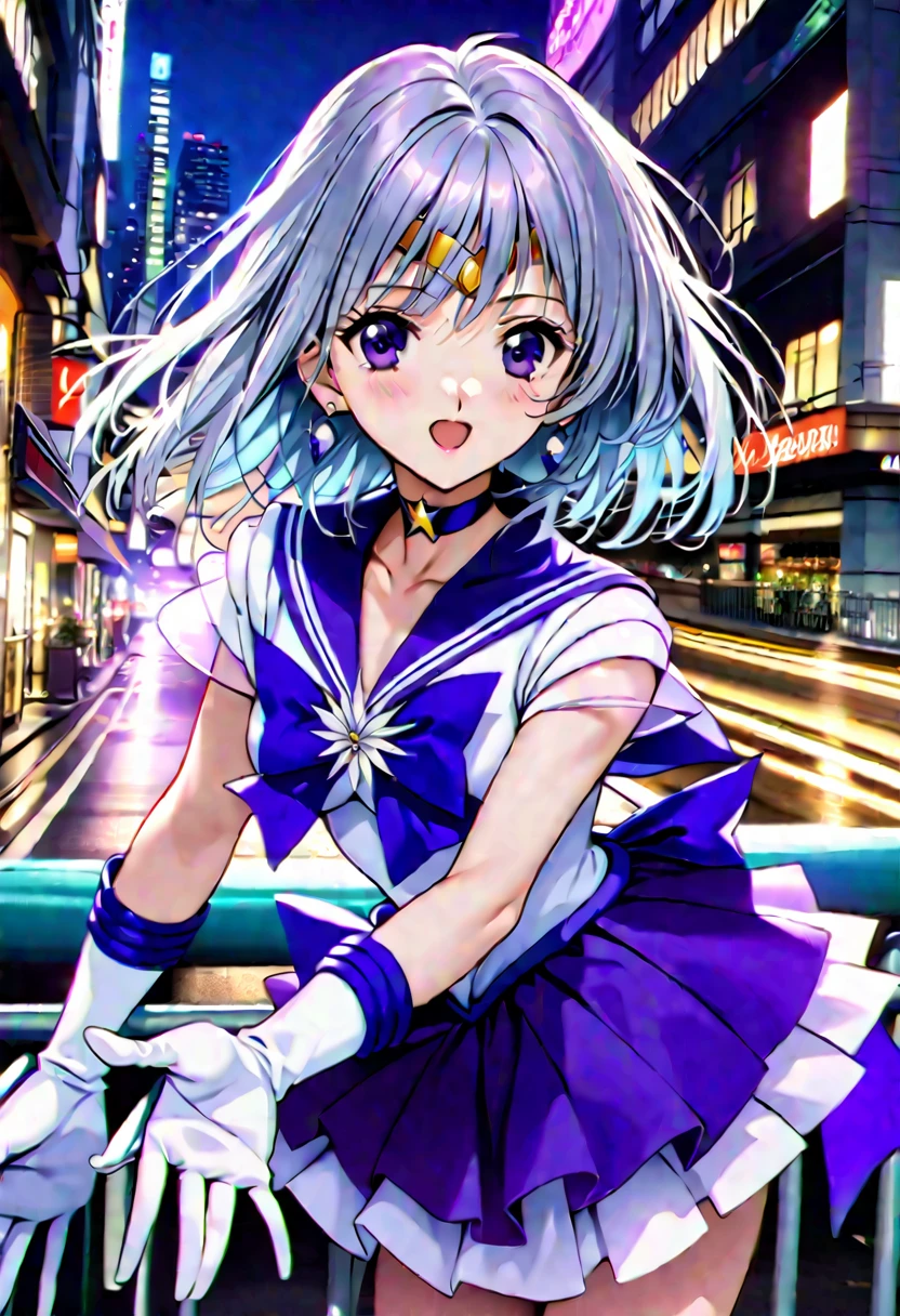 score_9, score_8_up, score_7_up,masterpieceThe best quality,Very aesthetic absurdres,SKIRT, GLOVES, BOW, JEWELRY, PLEATED SKIRT, EARRINGS, CHOKER, ELBOW GLOVES, WHITE GLOVES, SAILOR COLLAR, Star (symbol), MAGICAL GIRL, tiara, BROOCH, PURPLE SKIRT, BACK BOW, SAILOR SENSHI UNIFORM, Star CHOKER, PURPLE SAILOR COLLAR, Star BROOCH, SAILOR SATURN,,Silver Hair,Purple eyes,city,Outdoor,night,Arms stretched out,looking at viewer,