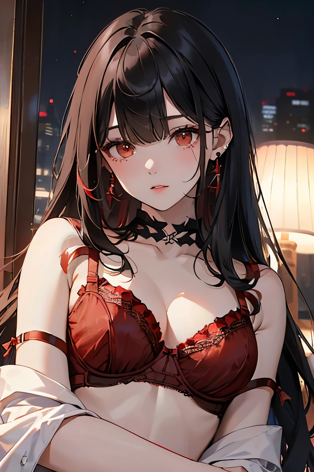 1girl in, 1boy, princess carry, Upper body, Red and black see-through sexy lingerie, Long hair, Large breasts, masutepiece, Best Quality, Highly detailed
