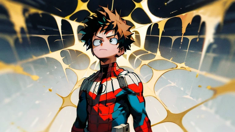 create a version of peter parker (Spider-man)  in the universe of boku no hero academia with the academy uniform ua, short brown hair , brown eyes, teenager 1:  boy with short straight brown hair, con brown eyes 
2: high school uniform 3: serious expression 