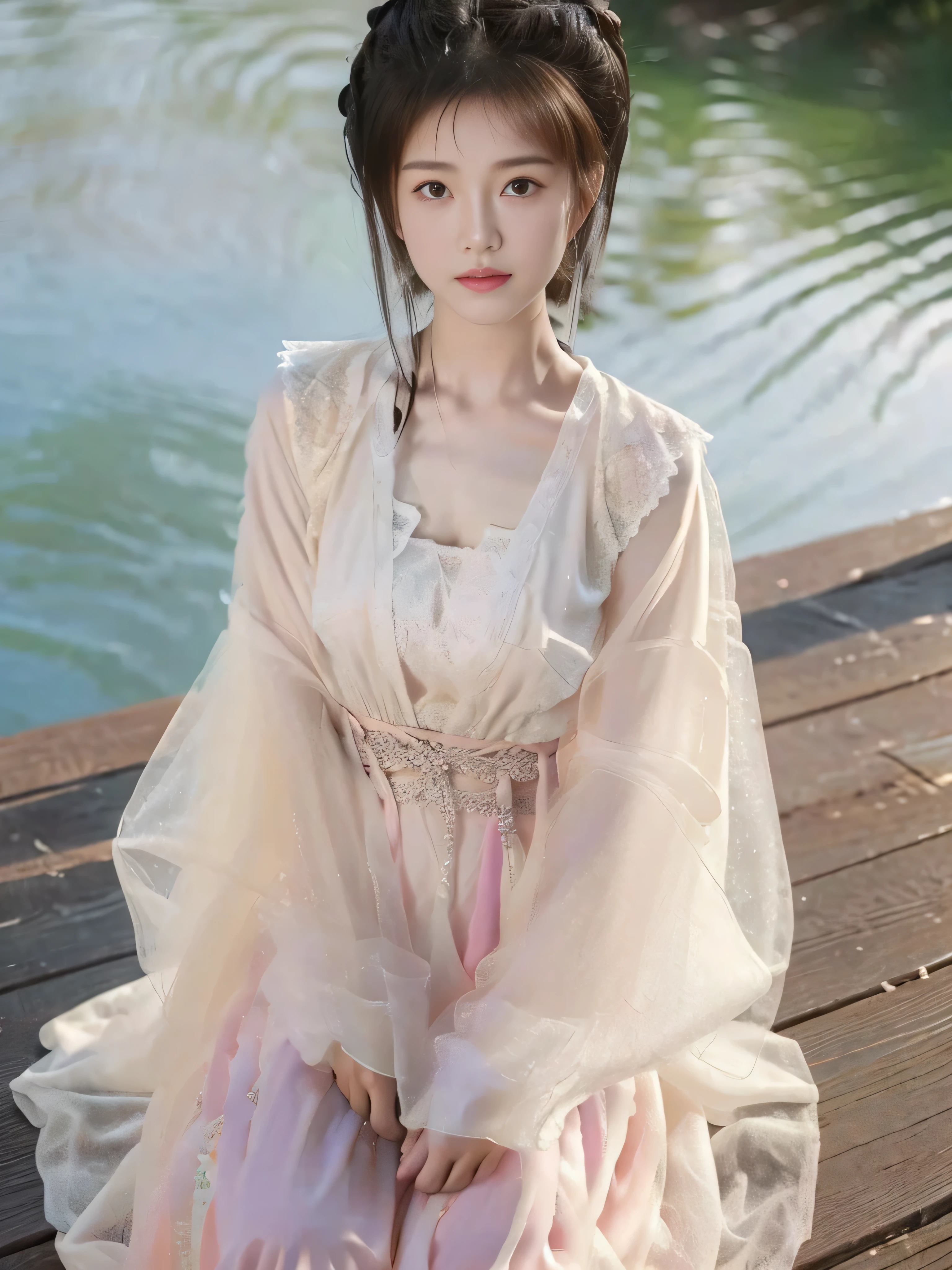 A beautiful Chinese girl，Short to medium length hair，Sitting on the ground，Upper Body，Very full breasts，Full figure，Protruding chest，Very thin waist,Lilac clothes