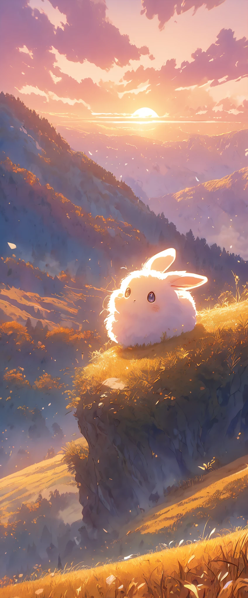Create a close-up, animated illustration of a fluffy bunny sitting in a field . Emphasize the soft fur, big eyes, and twitching nose of the bunny. The background should be a gentle, highlighting the cuteness and innocence of the babyny, by makoto shinkai, anime beautiful peace scene, beautiful anime scene, anime background art, anime landscape wallpaper, anime countryside landscape, anime art wallpaper 4 k , anime art wallpaper 4k, beautiful anime scenery, anime art wallpaper 8 k, amazing wallpaper , cozy, Autumn , Fall, Forest