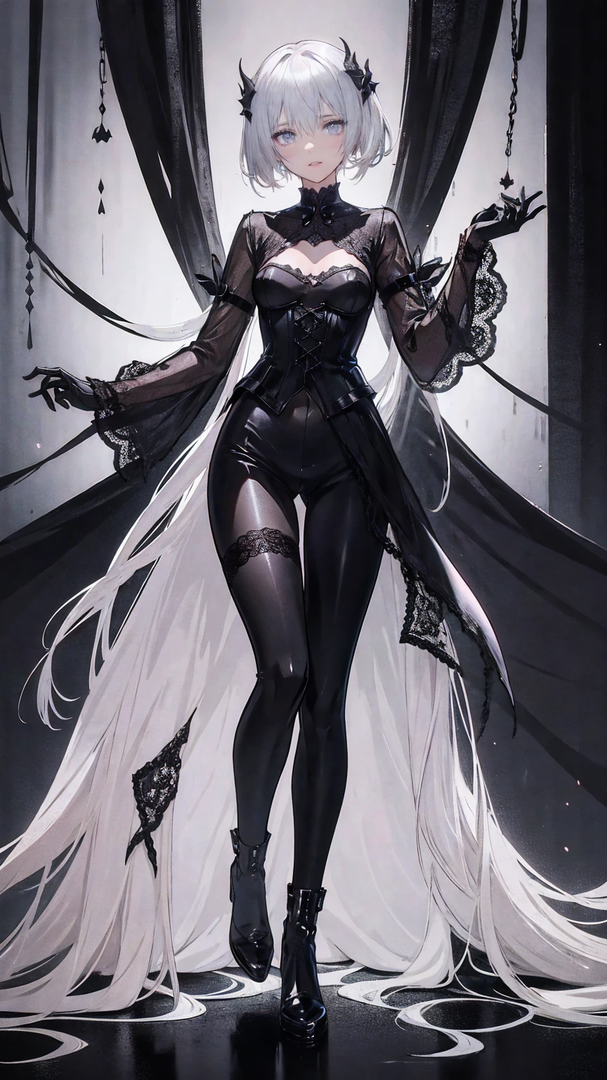 A spooky creature that creates an ominous atmosphere, ((Full body mannequin)), Wearing black satin trousers, Lace-up sheer white corset, a Small waist, Long legs with black and white knee socks, Amazingly beautiful facial features, Ominous Smile, One girl&#39;s perfect porcelain body, Small puffy breasts, Small waist. Slender woman with scar. style: Combines Photorealistic Horror with surrealism, Conveying the supernatural nature of the cursed doll&#39;s face. detailed: Dark Gothic Room Background、It depicts grotesque shapes of incomprehensible scale.。. rendering: In 8K UHD and High resolution, 呪われた人形の恐ろしいdetailedを強調する, Breathtaking texture、Terrifyingly fascinating. Photorealistic Horror", "Surreal horror", "8K Ultra HD", "High resolution"}