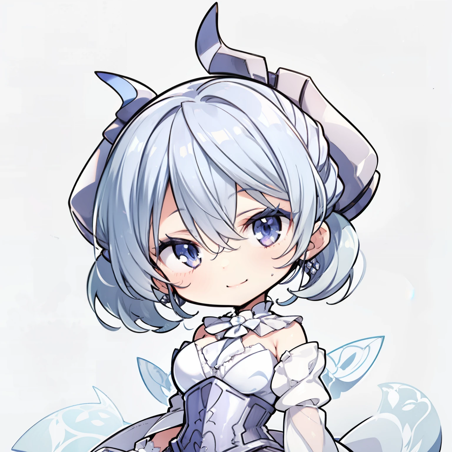 Silver short hair, Silver Horn,  White Dress, White Cape, Puffed sleeves, White gloves, silver corset, 

smile、
Chibi Character、

Simple Background、

Written boundary depth、
((Best Quality, High resolution, Pixel perfect, 4K)), (1 girl), (Beautiful Anime Girls), Perfect body, 