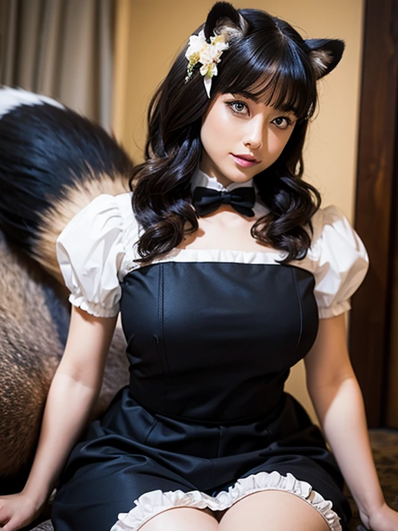 ((Highest quality, 8k)), ((masterpiece)), (Highest Resolution), Perfect Face, Raccoon-eared woman, Female college student, Beautiful woman, public, One tail, she has thick thighs, Big raccoon tail, She has a brown raccoon tail., She wags her tail, Troubled face, Fur collar, She is wearing a short skirt, Beautiful Hips , Big Breasts, The skirt is rolled up with a big tail