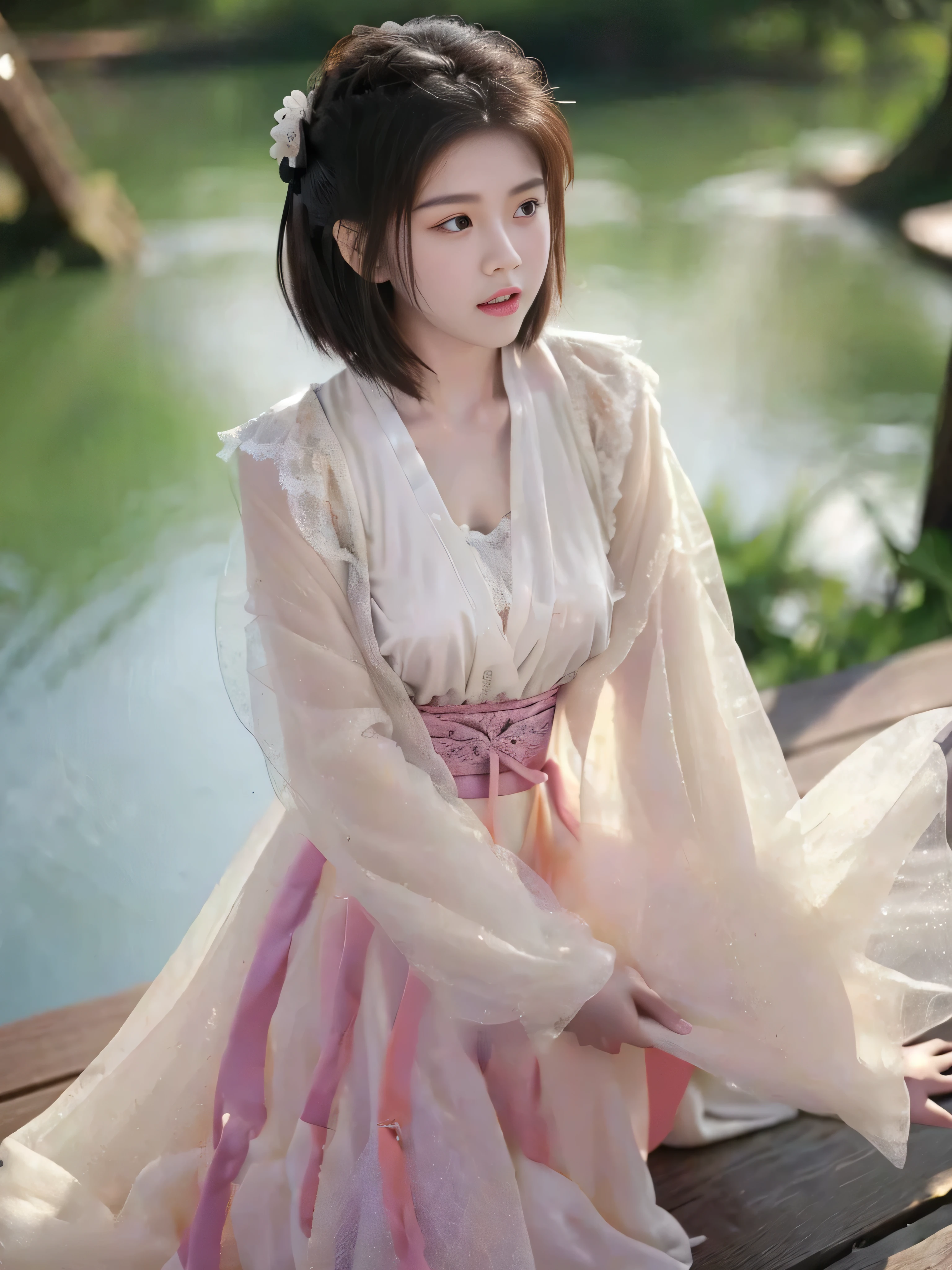 A beautiful Chinese girl，Short to medium length hair，Sitting on the ground，Upper Body，Very full breasts，Full figure，Protruding chest，Very thin waist,Lilac clothes