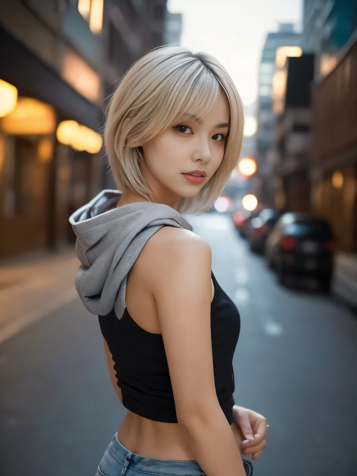 misunderstandings,masterpiece of the highest quality, Very detailed, 8k, Realistic, One Girl, Alone, Tomboy, Very detailed face, (Upper body photo:1.5), Standing in a dimly lit alley in a city lined with buildings, Cyberpunk Neon Cityscape,Pixie cut white hair, She is wearing a short neon tank top and an open hoodie....,I can see your chest,Nice ass,  From behind, Looking back at the camera