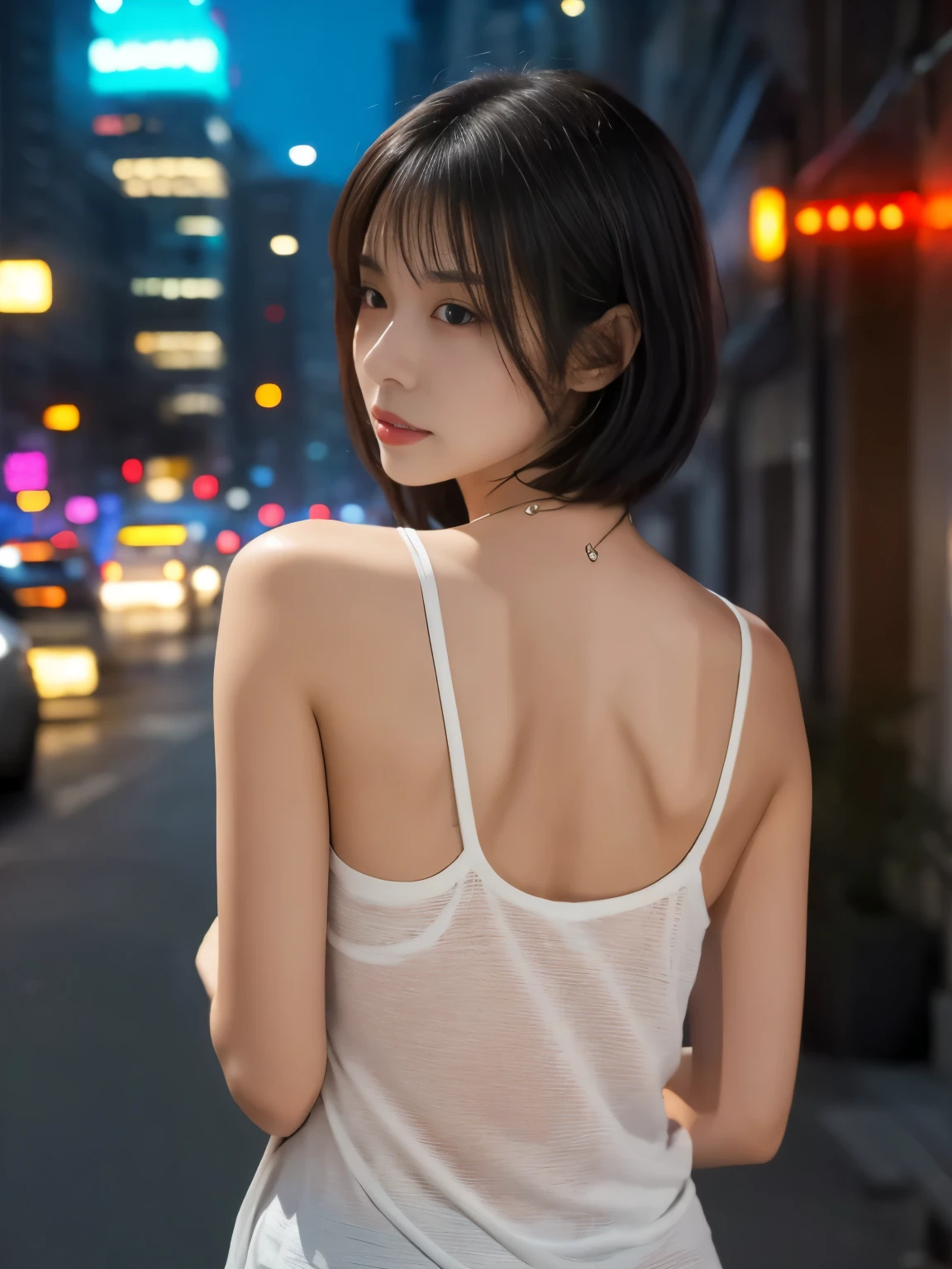of Misaki,masterpiece of the highest quality, Very detailed, 8k, Realistic, One Girl, Alone, Tomboy, Very detailed face, (Upper body photo:1.5), Standing in a dimly lit alley in a city lined with buildings, Cyberpunk Neon Cityscape,Pixie cut white hair, She is wearing a short neon tank top and an open hoodie....,I can see your chest,Nice ass,  From behind, Looking back at the camera